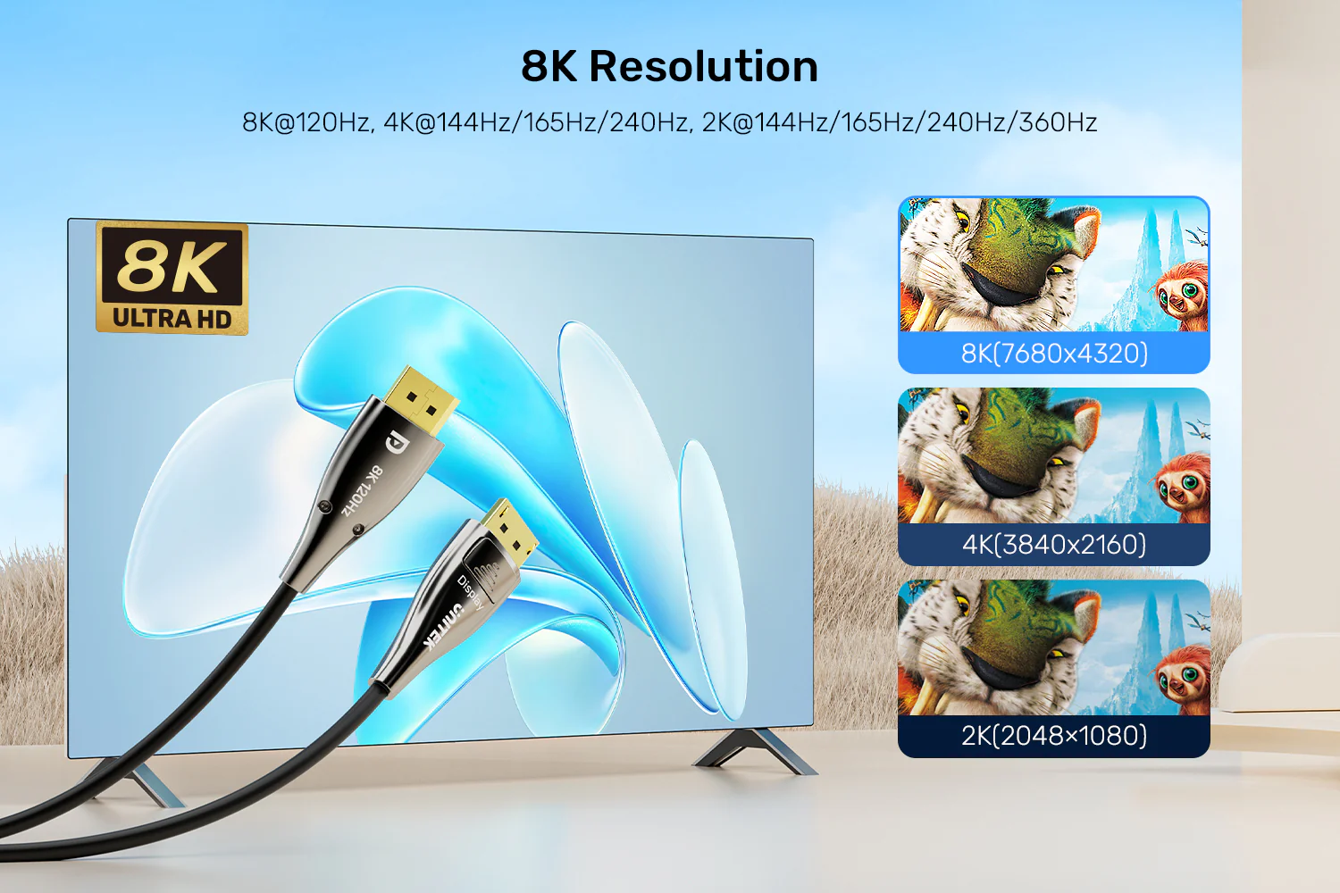 UNITEK 8K Fiber Optic DisplayPort 2.1 Cable (10 Meters) 8K@120Hz 54Gbps High Bandwidth UNITEK 8K Fiber Optic DisplayPort 2.1 Cable (10 Meters) 8K@120Hz 54Gbps High Bandwidth