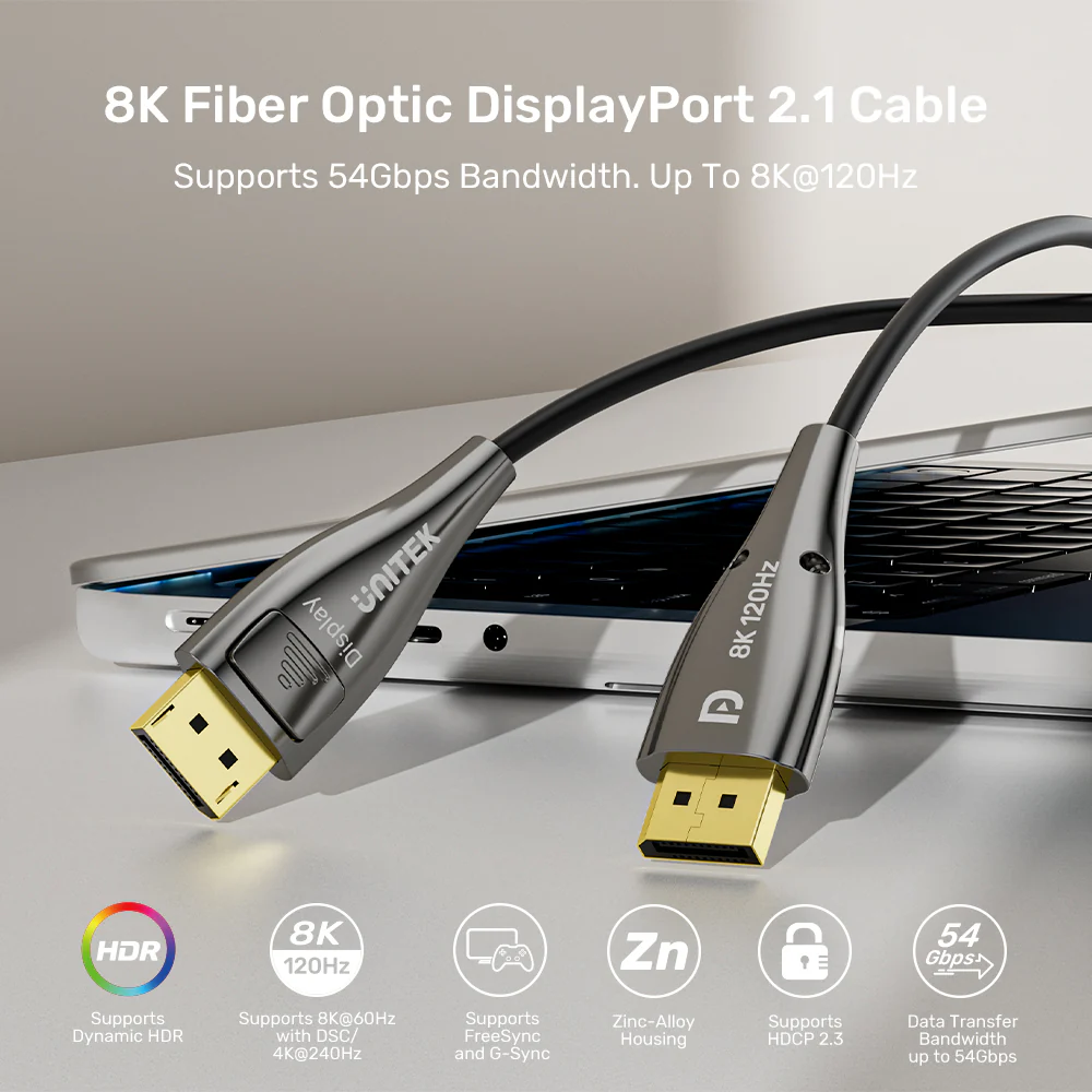 UNITEK 8K Fiber Optic DisplayPort 2.1 Cable (10 Meters) 8K@120Hz 54Gbps High Bandwidth
