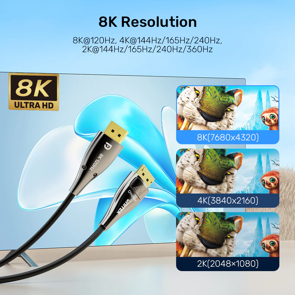 UNITEK 8K Fiber Optic DisplayPort 2.1 Cable (10 Meters) 8K@120Hz 54Gbps High Bandwidth