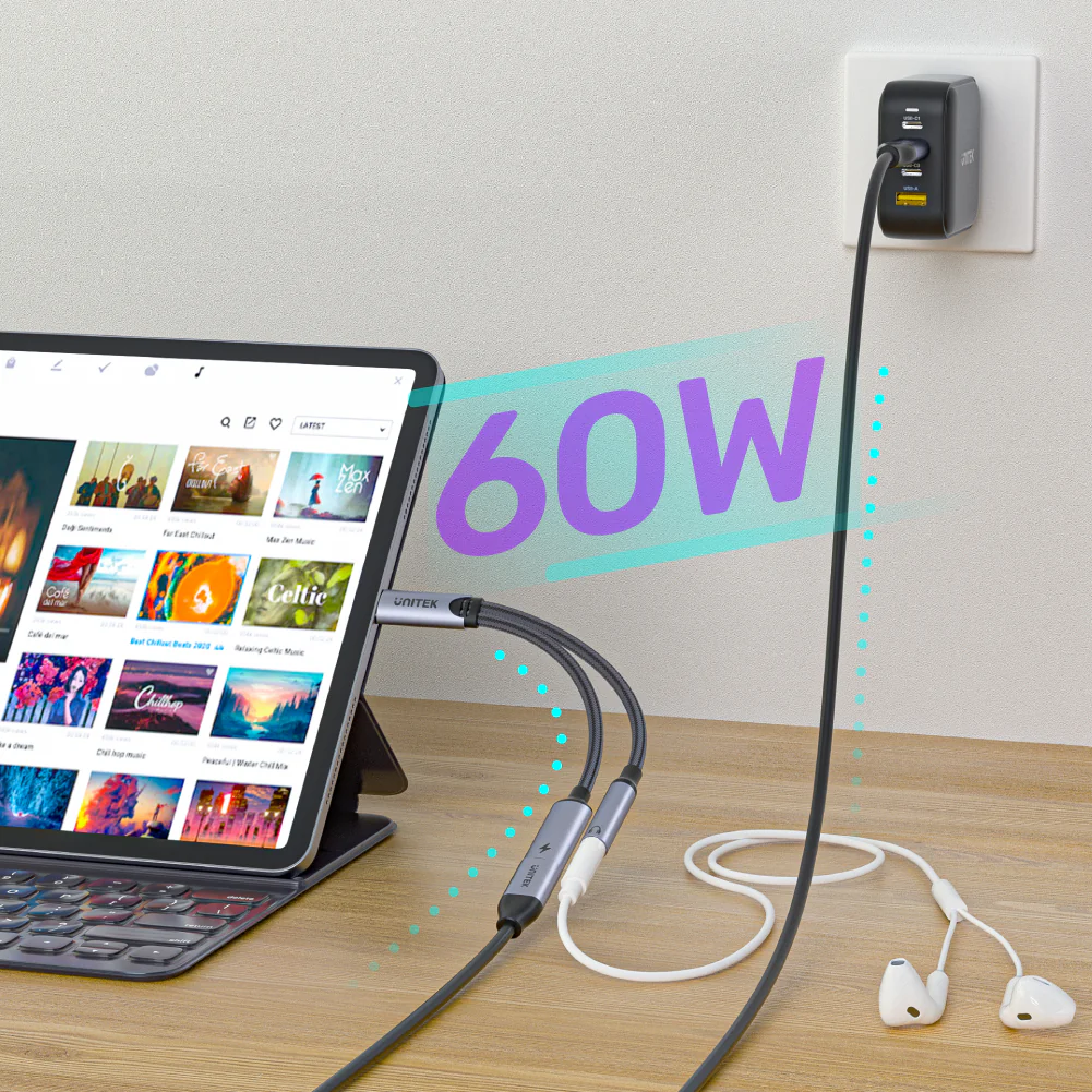 UNITEK USB C to 3.5mm Aux Audio With 60W PD Fast Charging UNITEK M205A USB C to 3.5mm Aux Audio With PD Adapter