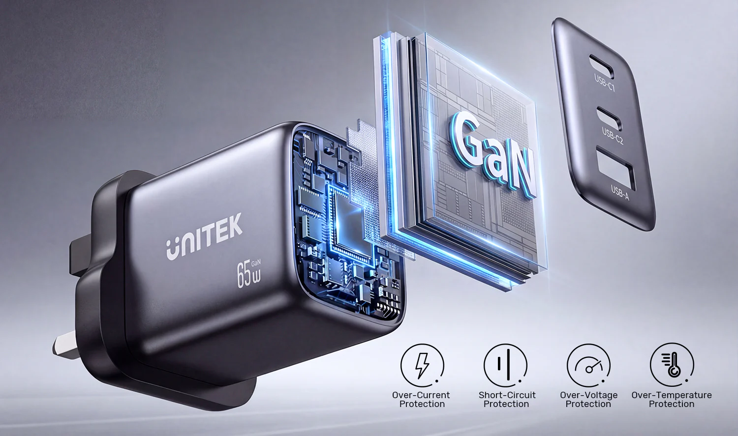UNITEK Zeno 65W 3-Port GaN Wall Fast Charger (EU Plug) for Samsung SFC 2.0, PD3.0, QC3.0, for iPhone 17/16/15 Pro Max UNITEK Zeno 65W 3-Port GaN Wall Fast Charger (EU Plug) for Samsung SFC 2.0, PD3.0, QC3.0, for iPhone 17/16/15 Pro Max
