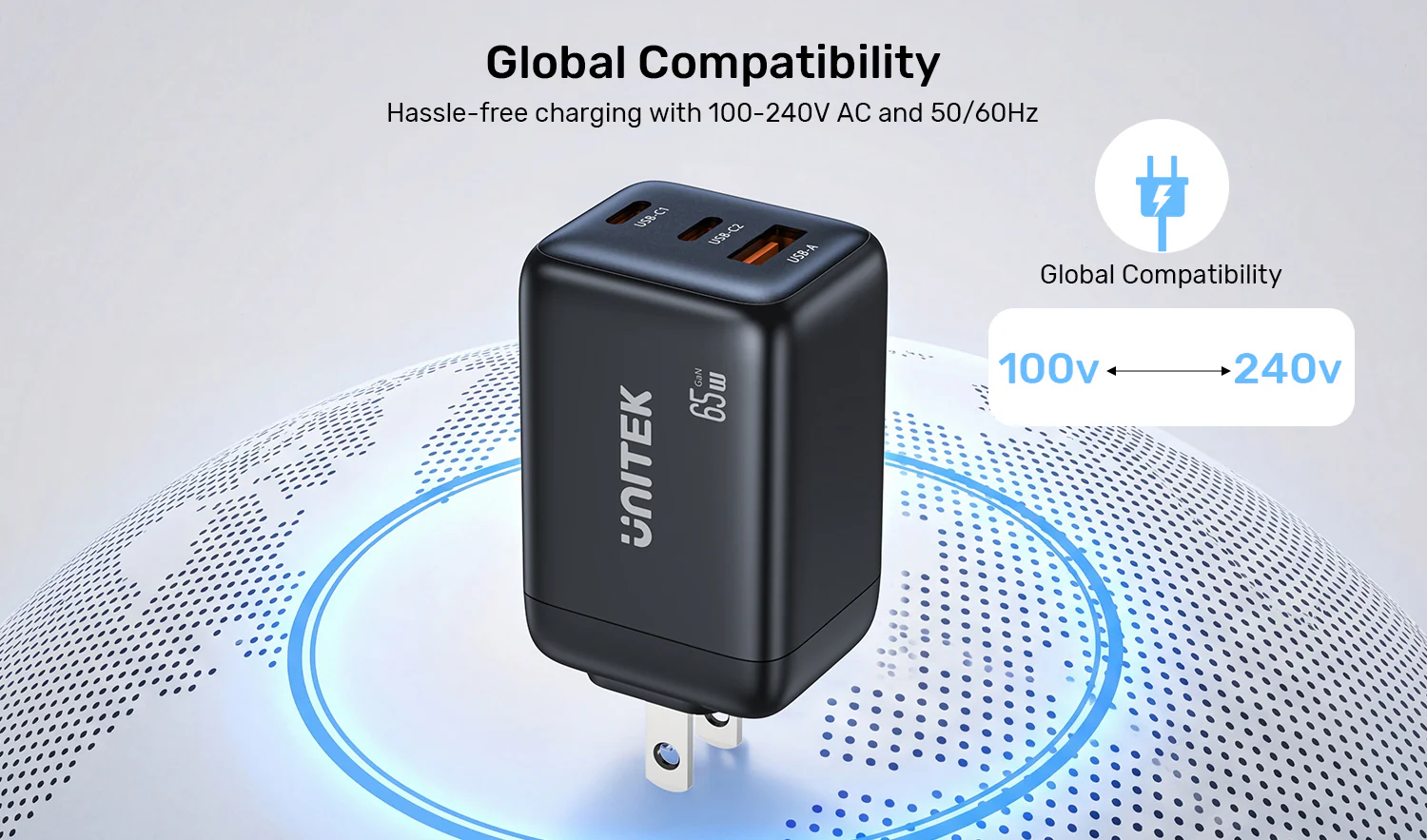 UNITEK Zeno 65W 3-Port GaN Wall Fast Charger (EU Plug) for Samsung SFC 2.0, PD3.0, QC3.0, for iPhone 17/16/15 Pro Max UNITEK Zeno 65W 3-Port GaN Wall Fast Charger (EU Plug) for Samsung SFC 2.0, PD3.0, QC3.0, for iPhone 17/16/15 Pro Max