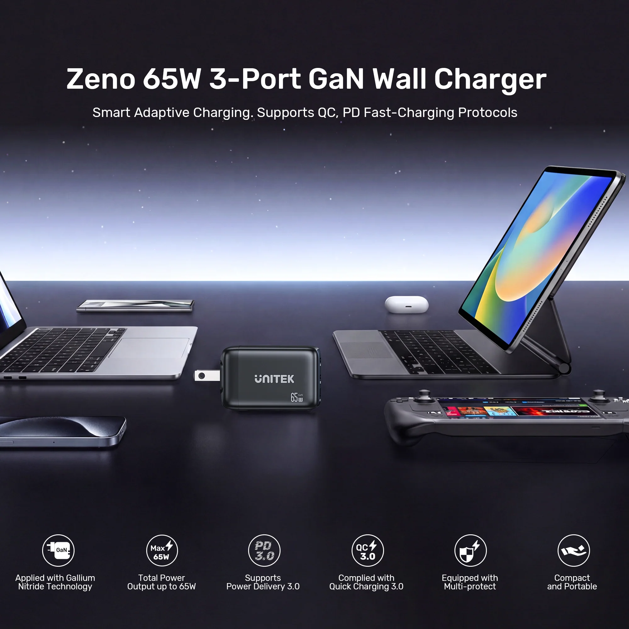 UNITEK Zeno 65W 3-Port GaN Wall Fast Charger (EU Plug) for Samsung SFC 2.0, PD3.0, QC3.0, for iPhone 17/16/15 Pro Max