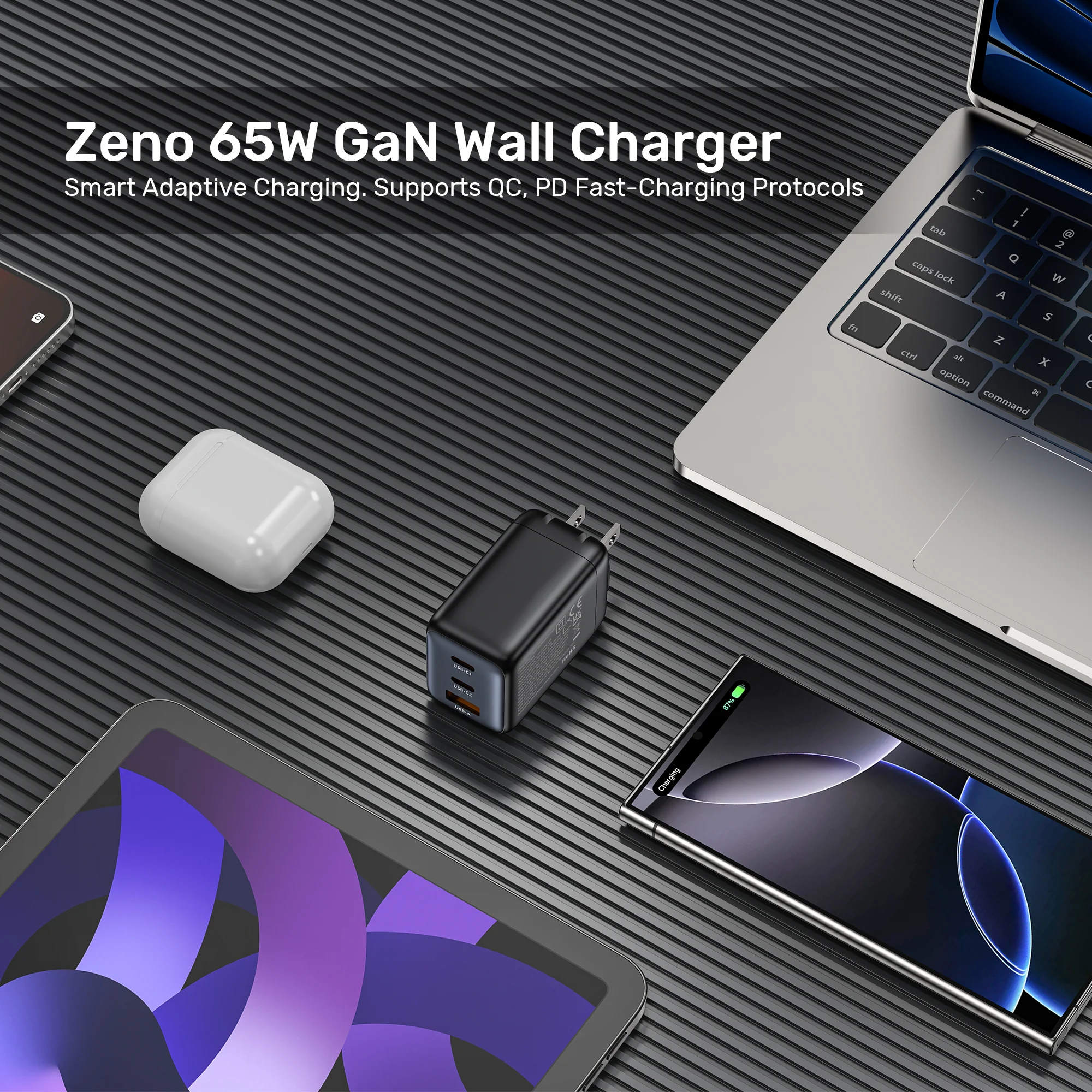 UNITEK Zeno 65W 3-Port GaN Wall Fast Charger (EU Plug) for Samsung SFC 2.0, PD3.0, QC3.0, for iPhone 17/16/15 Pro Max