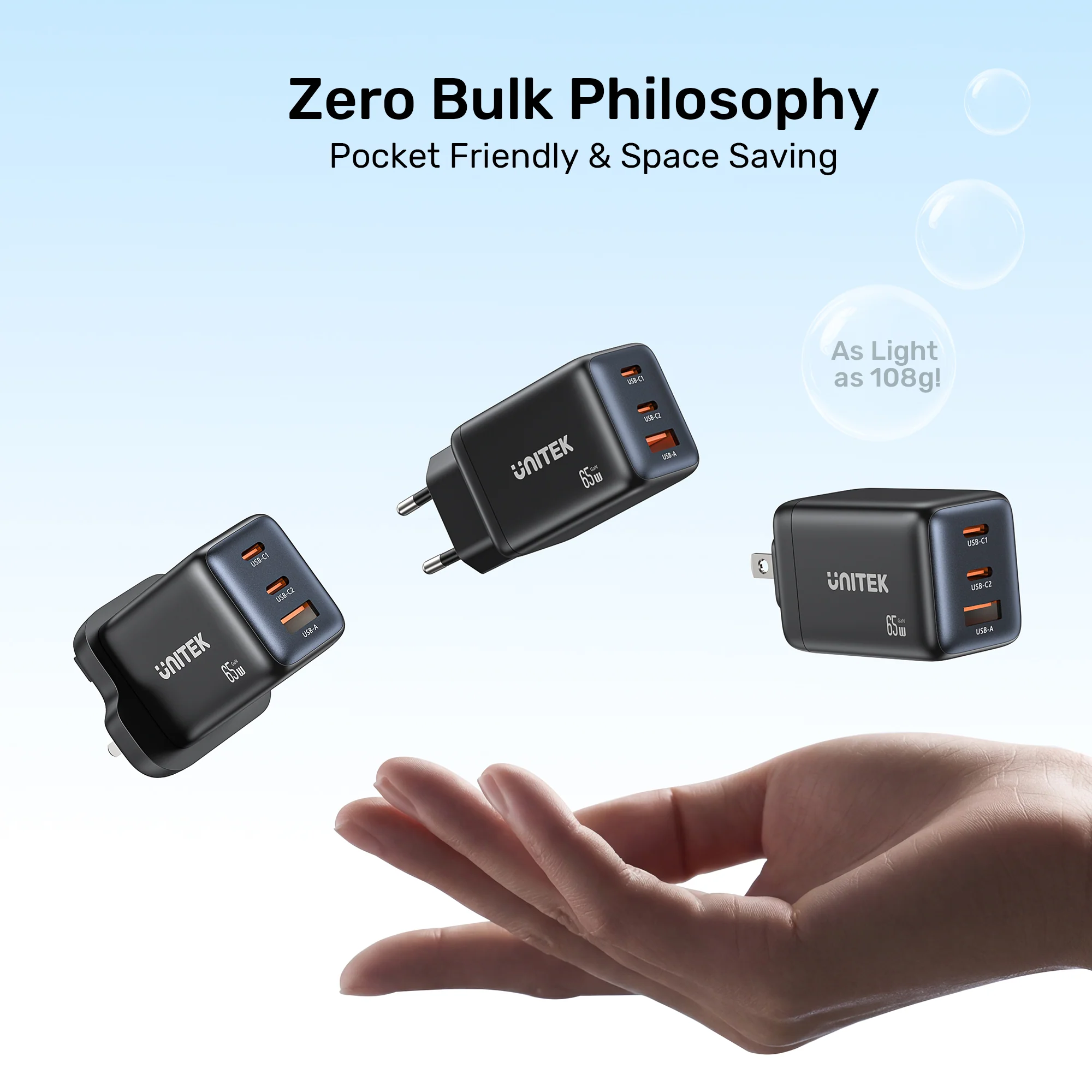 UNITEK Zeno 65W 3-Port GaN Wall Fast Charger (EU Plug) for Samsung SFC 2.0, PD3.0, QC3.0, for iPhone 17/16/15 Pro Max