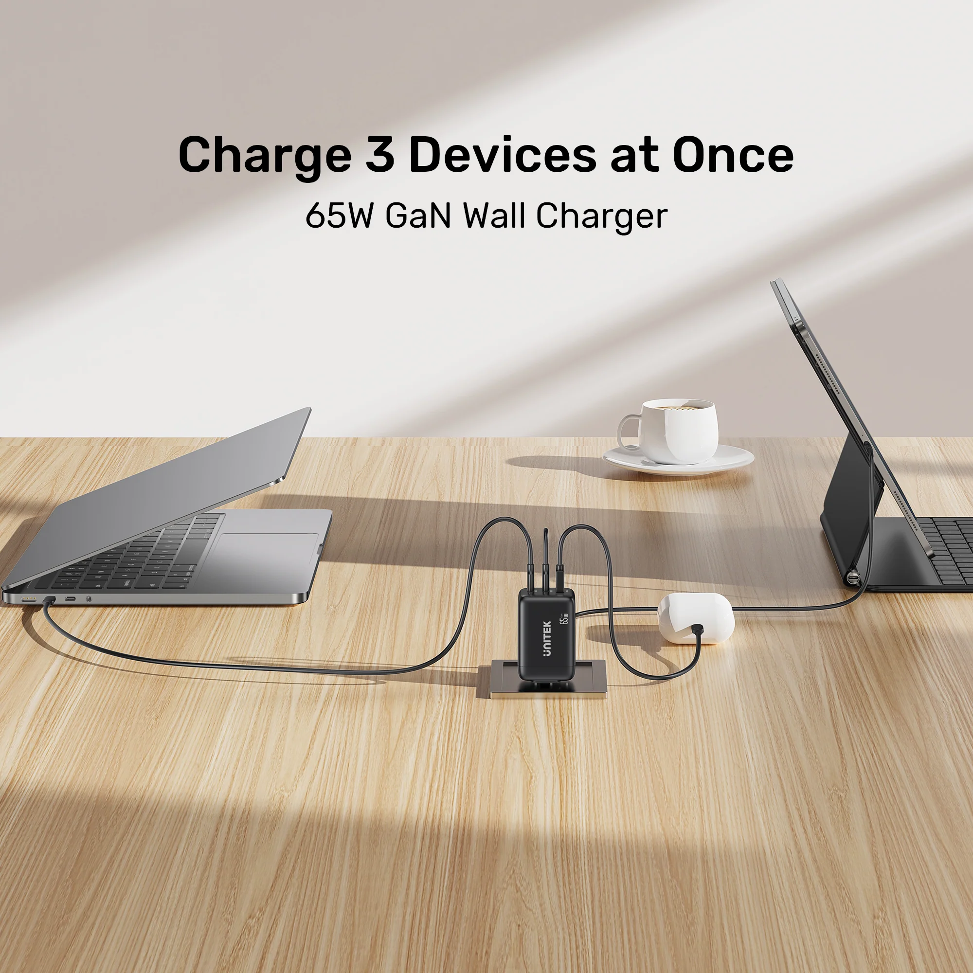 UNITEK Zeno 65W 3-Port GaN Wall Fast Charger (EU Plug) for Samsung SFC 2.0, PD3.0, QC3.0, for iPhone 17/16/15 Pro Max
