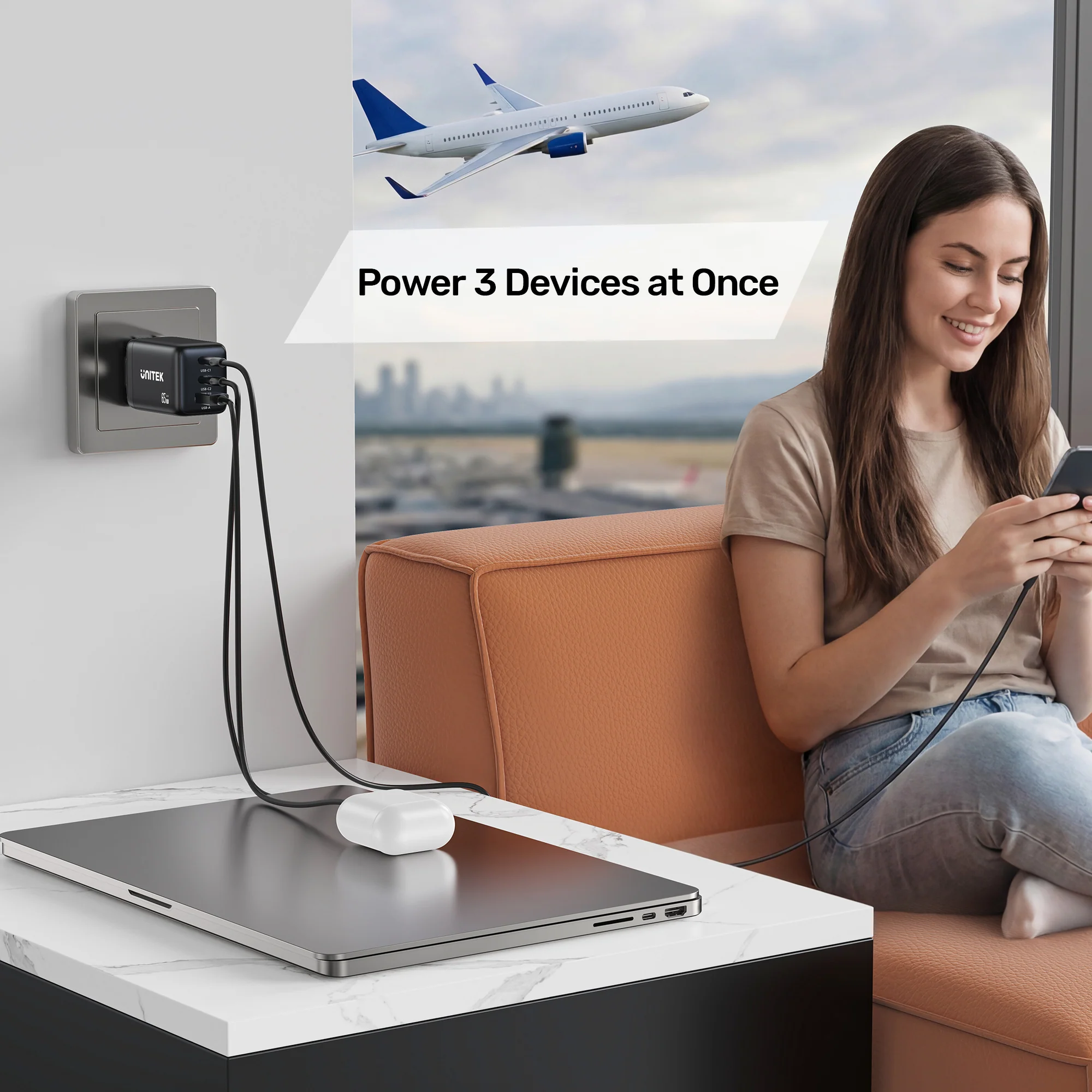 UNITEK Zeno 65W 3-Port GaN Wall Fast Charger (EU Plug) for Samsung SFC 2.0, PD3.0, QC3.0, for iPhone 17/16/15 Pro Max