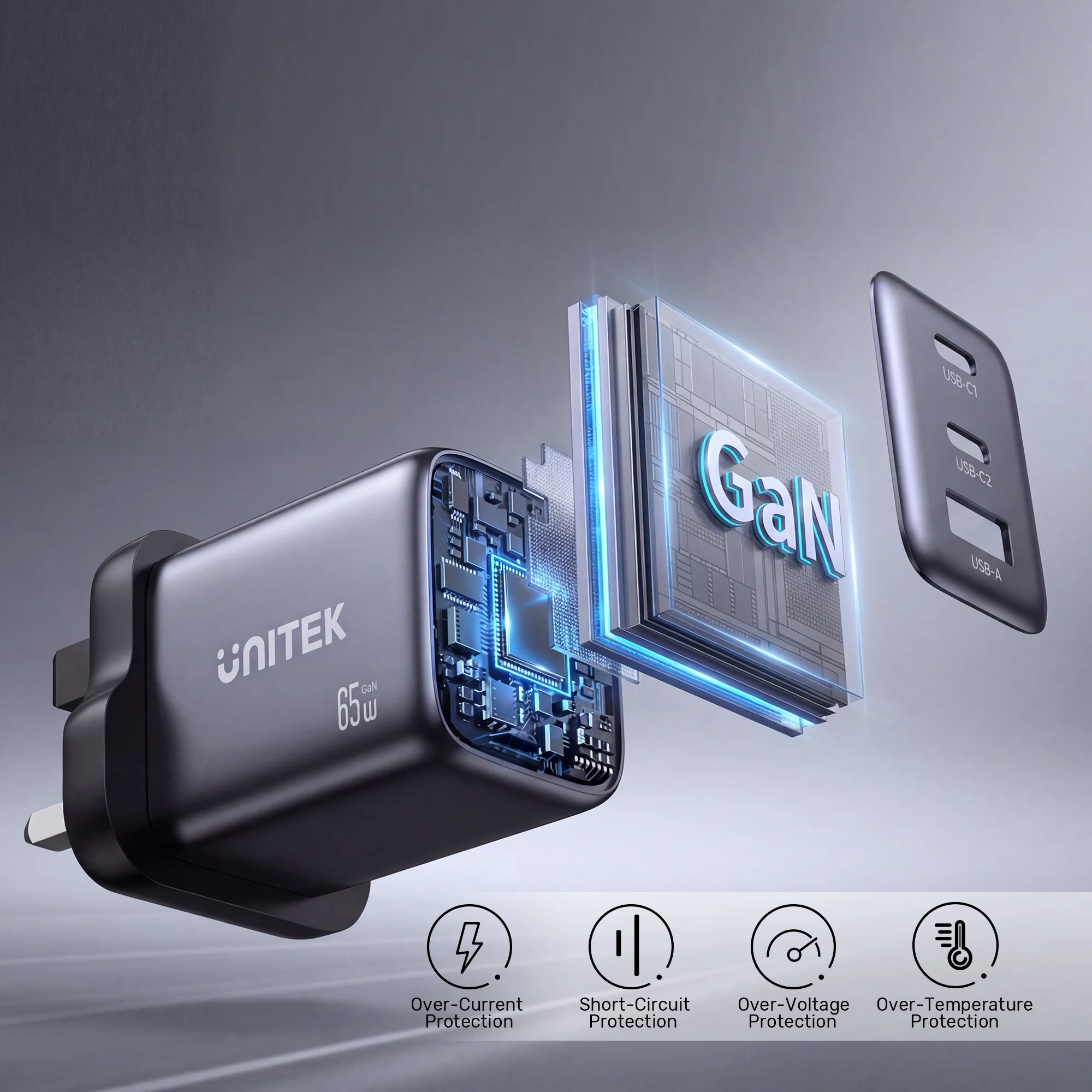 UNITEK Zeno 65W 3-Port GaN Wall Fast Charger (EU Plug) for Samsung SFC 2.0, PD3.0, QC3.0, for iPhone 17/16/15 Pro Max