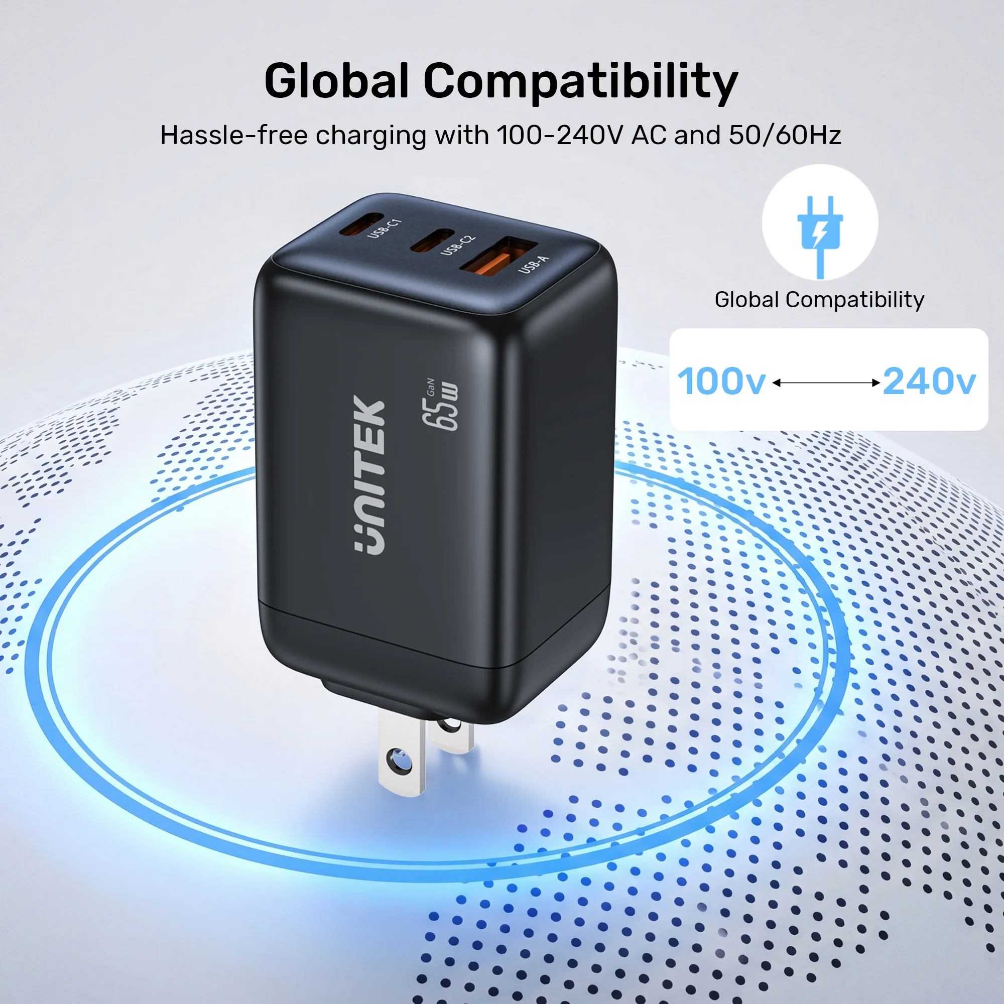 UNITEK Zeno 65W 3-Port GaN Wall Fast Charger (EU Plug) for Samsung SFC 2.0, PD3.0, QC3.0, for iPhone 17/16/15 Pro Max