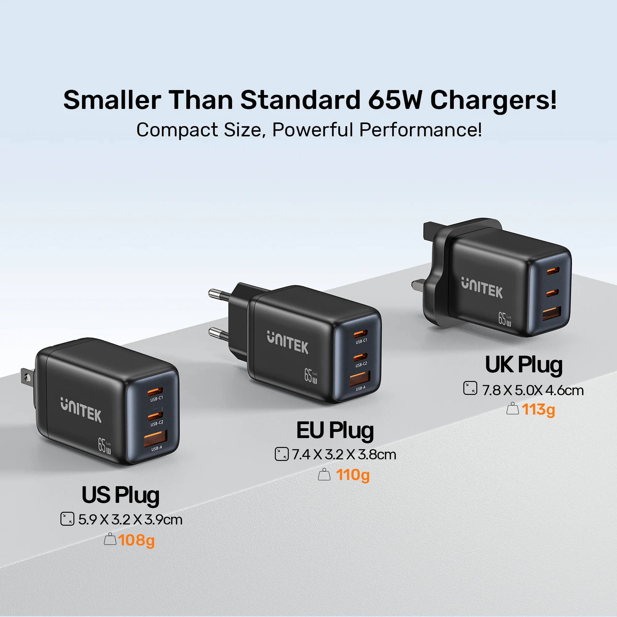 UNITEK Zeno 65W 3-Port GaN Wall Fast Charger (EU Plug) for Samsung SFC 2.0, PD3.0, QC3.0, for iPhone 17/16/15 Pro Max