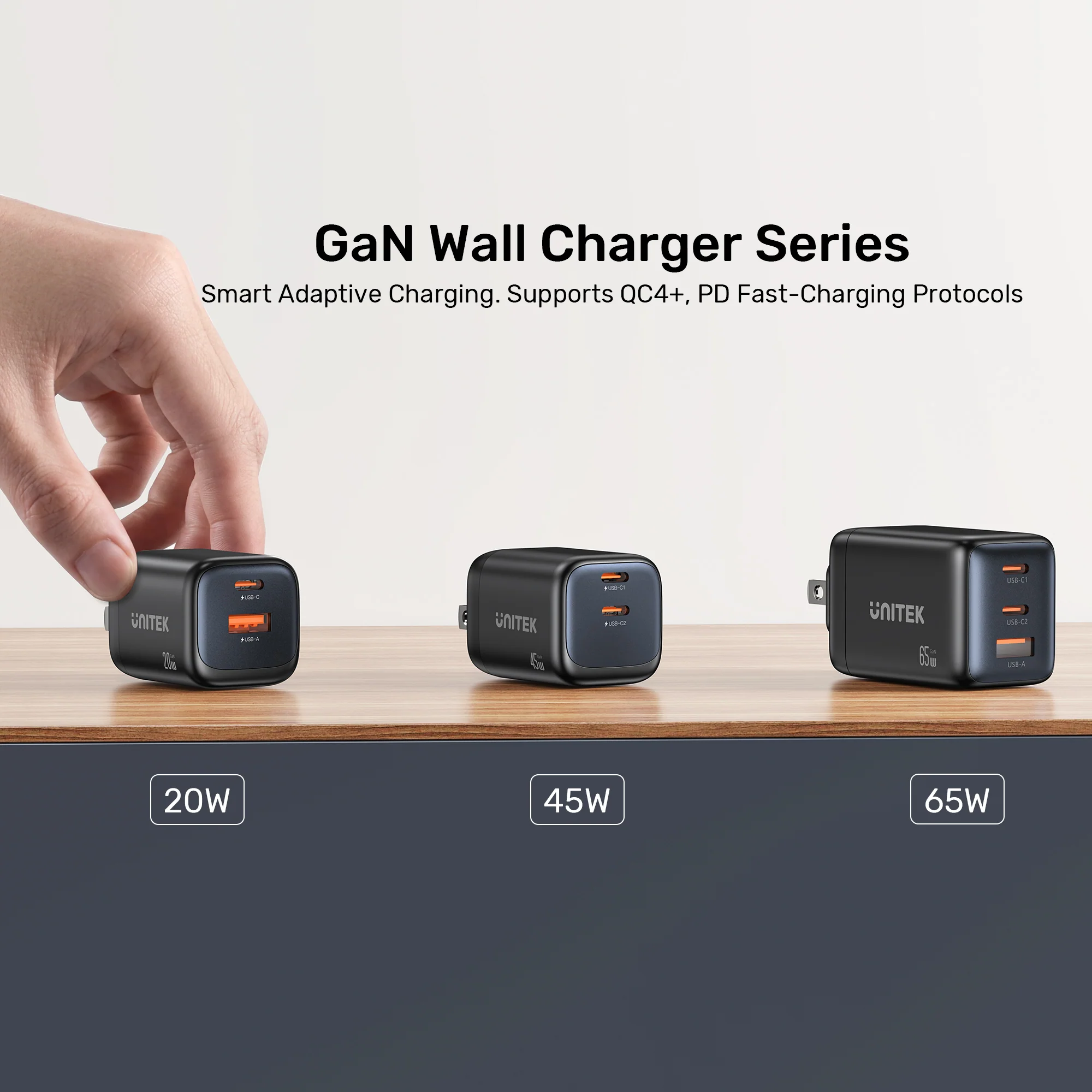 UNITEK Zeno 65W 3-Port GaN Wall Fast Charger (EU Plug) for Samsung SFC 2.0, PD3.0, QC3.0, for iPhone 17/16/15 Pro Max