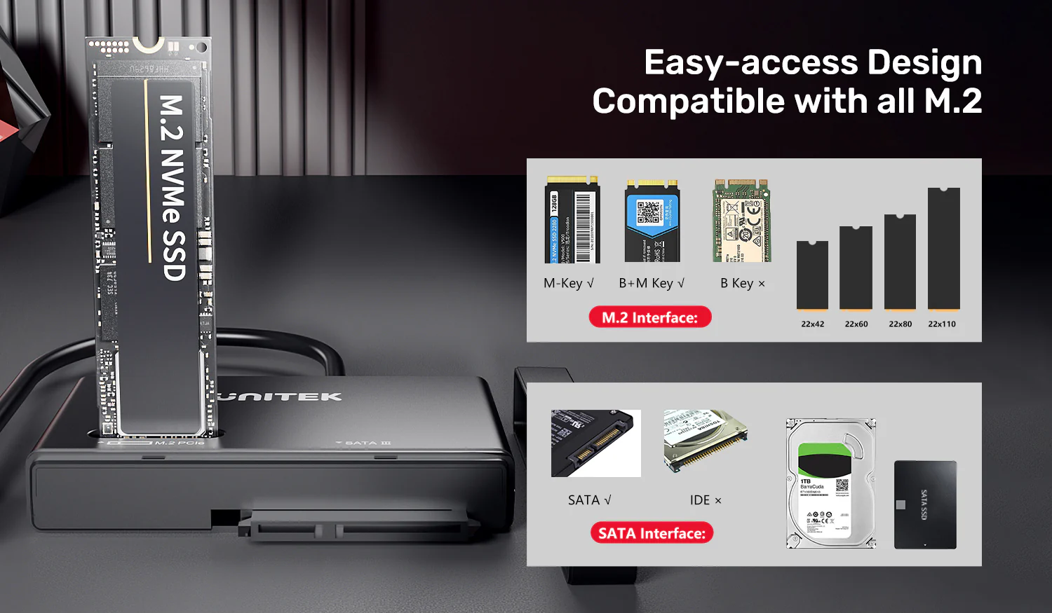UNITEK NVMe M.2 SSD Enclosure Adapter, Dual Slot for M.2 PCIe NVMe and 2.5"/3.5" SATA SSD/HDD UNITEK NVMe M.2 SSD Enclosure Adapter, Dual Slot for M.2 PCIe NVMe and 2.5"/3.5" SATA SSD/HDD