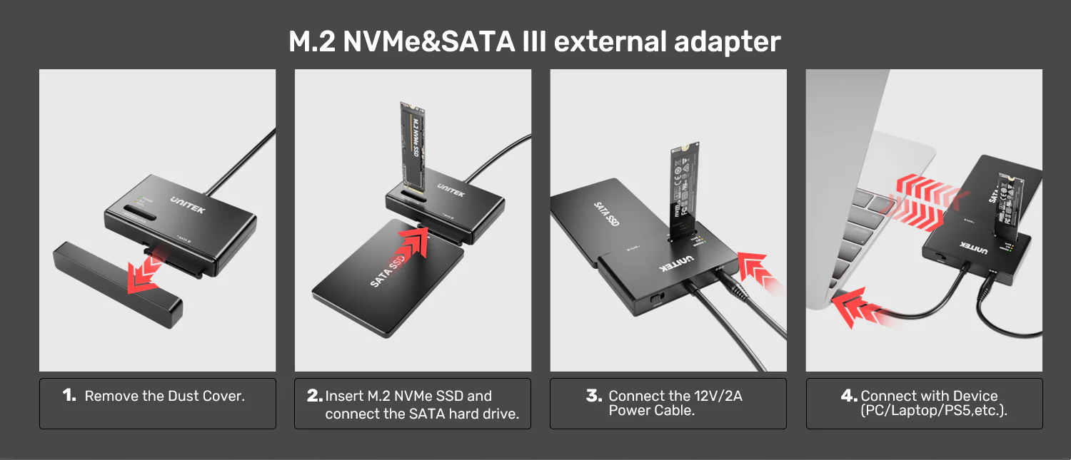 UNITEK NVMe M.2 SSD Enclosure Adapter, Dual Slot for M.2 PCIe NVMe and 2.5"/3.5" SATA SSD/HDD UNITEK NVMe M.2 SSD Enclosure Adapter, Dual Slot for M.2 PCIe NVMe and 2.5"/3.5" SATA SSD/HDD