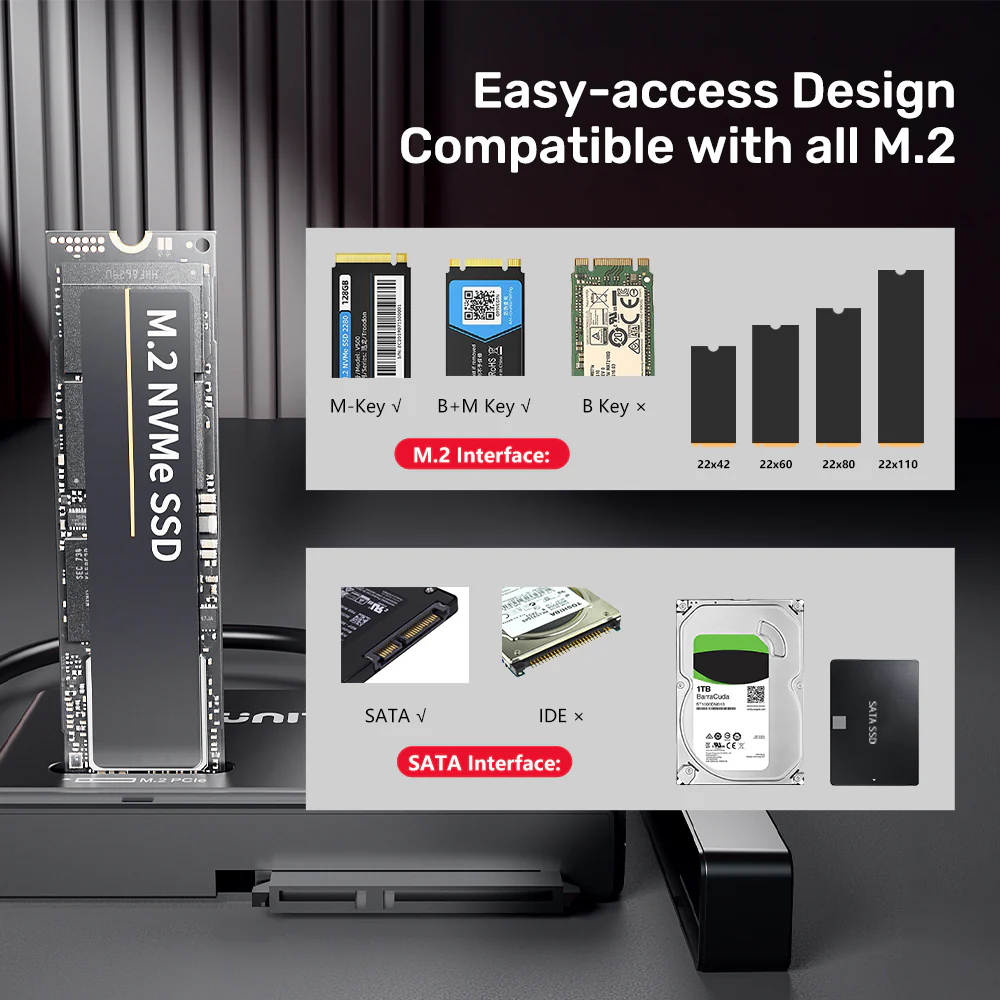 UNITEK NVMe M.2 SSD Enclosure Adapter, Dual Slot for M.2 PCIe NVMe and 2.5"/3.5" SATA SSD/HDD