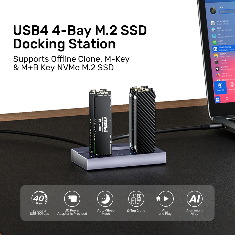 UNITEK USB4 4-Bay M.2 SSD Docking Station, 40Gbps Total Speed 1-to-3 Offline Clone, Supports 2230 to 22110 NVMe PCIe SSDs
