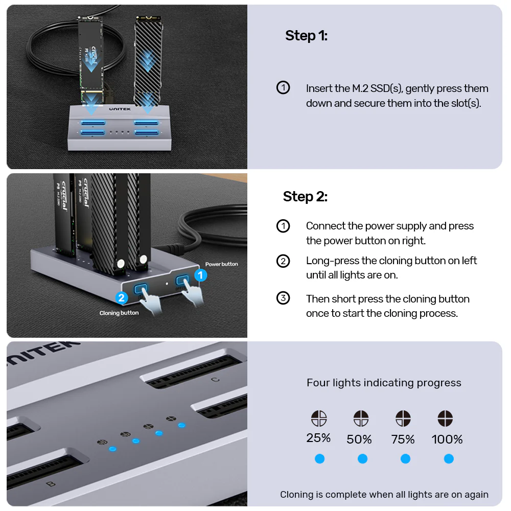 UNITEK USB4 4-Bay M.2 SSD Docking Station, 40Gbps Total Speed 1-to-3 Offline Clone, Supports 2230 to 22110 NVMe PCIe SSDs