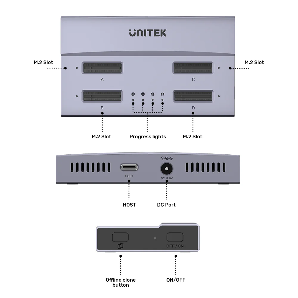 UNITEK USB4 4-Bay M.2 SSD Docking Station, 40Gbps Total Speed 1-to-3 Offline Clone, Supports 2230 to 22110 NVMe PCIe SSDs