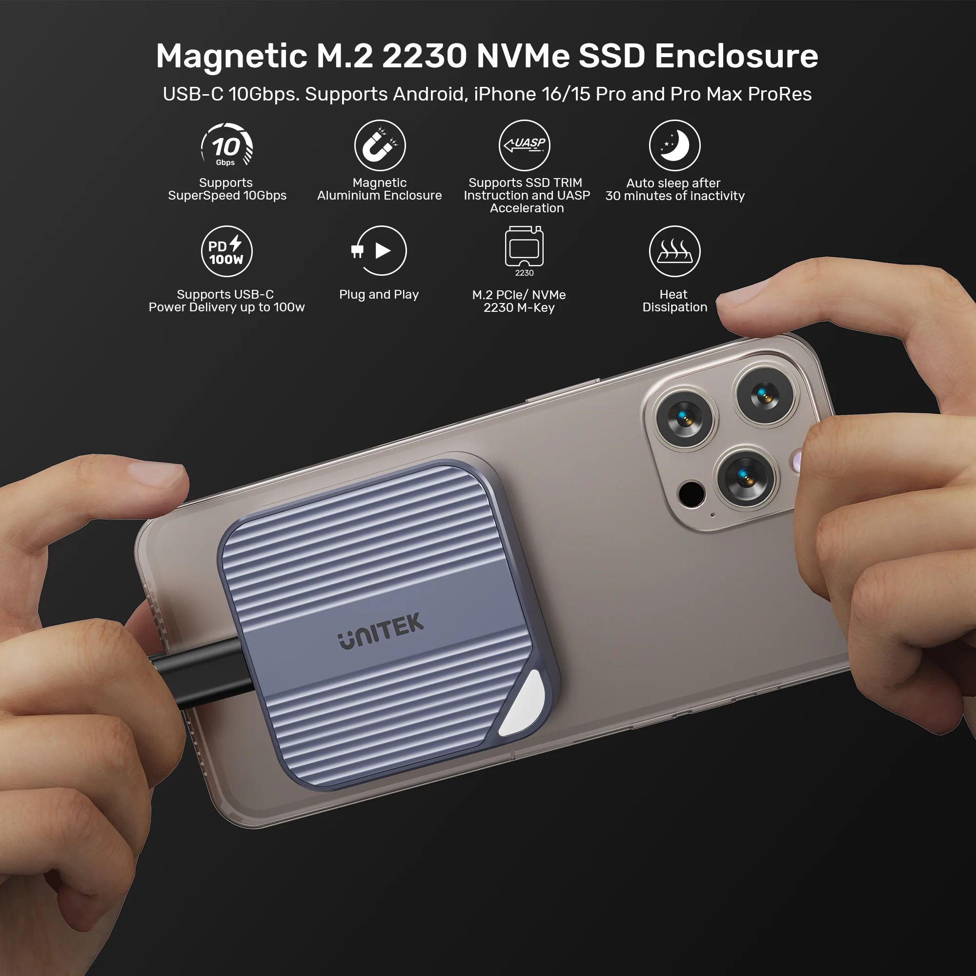 UNITEK Magnetic M.2 2230 NVMe SSD Enclosure, 10Gbps USB-C, 100W PD Pass-Through, MagSafe Compatible for iPhone 17/16/15