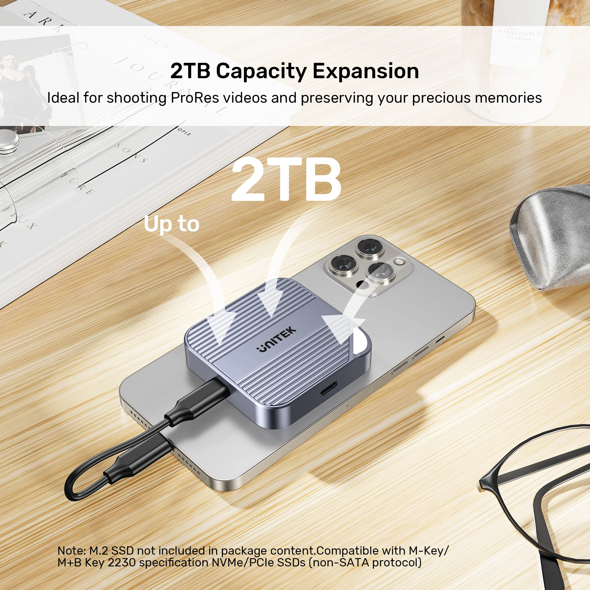 UNITEK Magnetic M.2 2230 NVMe SSD Enclosure, 10Gbps USB-C, 100W PD Pass-Through, MagSafe Compatible for iPhone 17/16/15