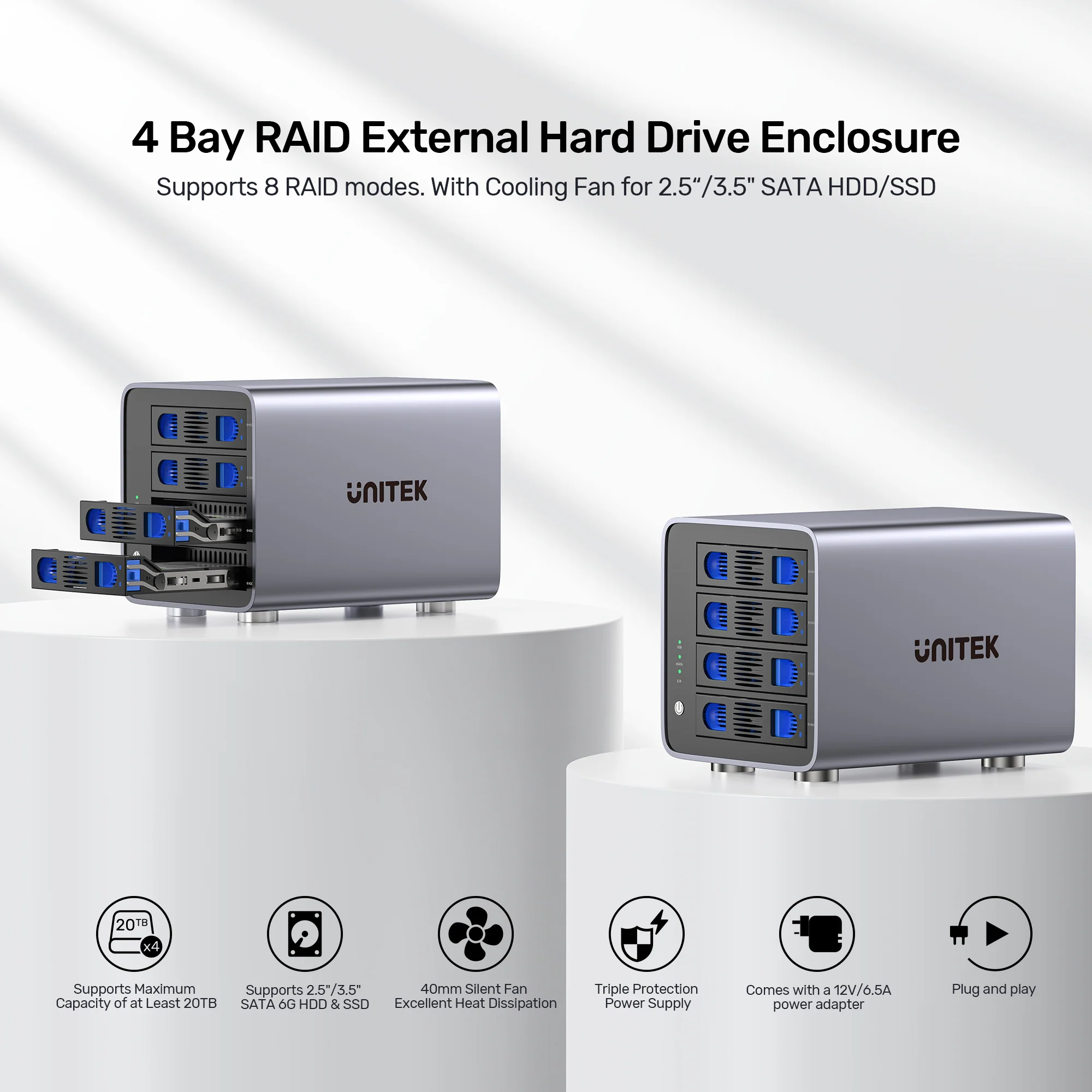UNITEK 4 Bay RAID External Hard Drive Enclosure, USB 3.0 5Gbps, Supports 8 RAID for 2.5" and 3.5" SATA HDD/SSD, 80TB Max