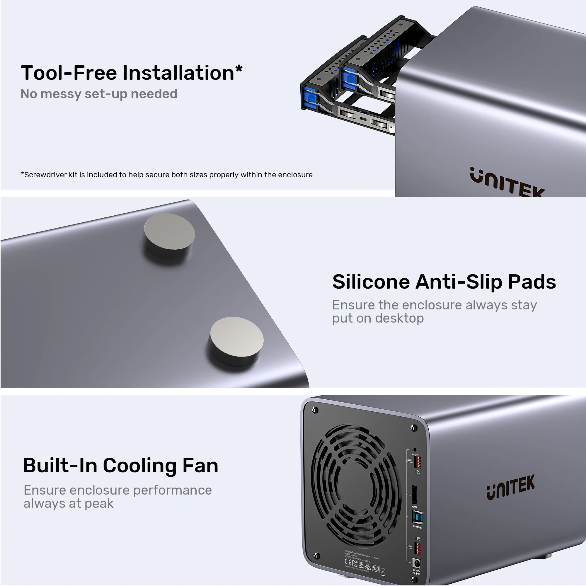 UNITEK 4 Bay RAID External Hard Drive Enclosure, USB 3.0 5Gbps, Supports 8 RAID for 2.5" and 3.5" SATA HDD/SSD, 80TB Max