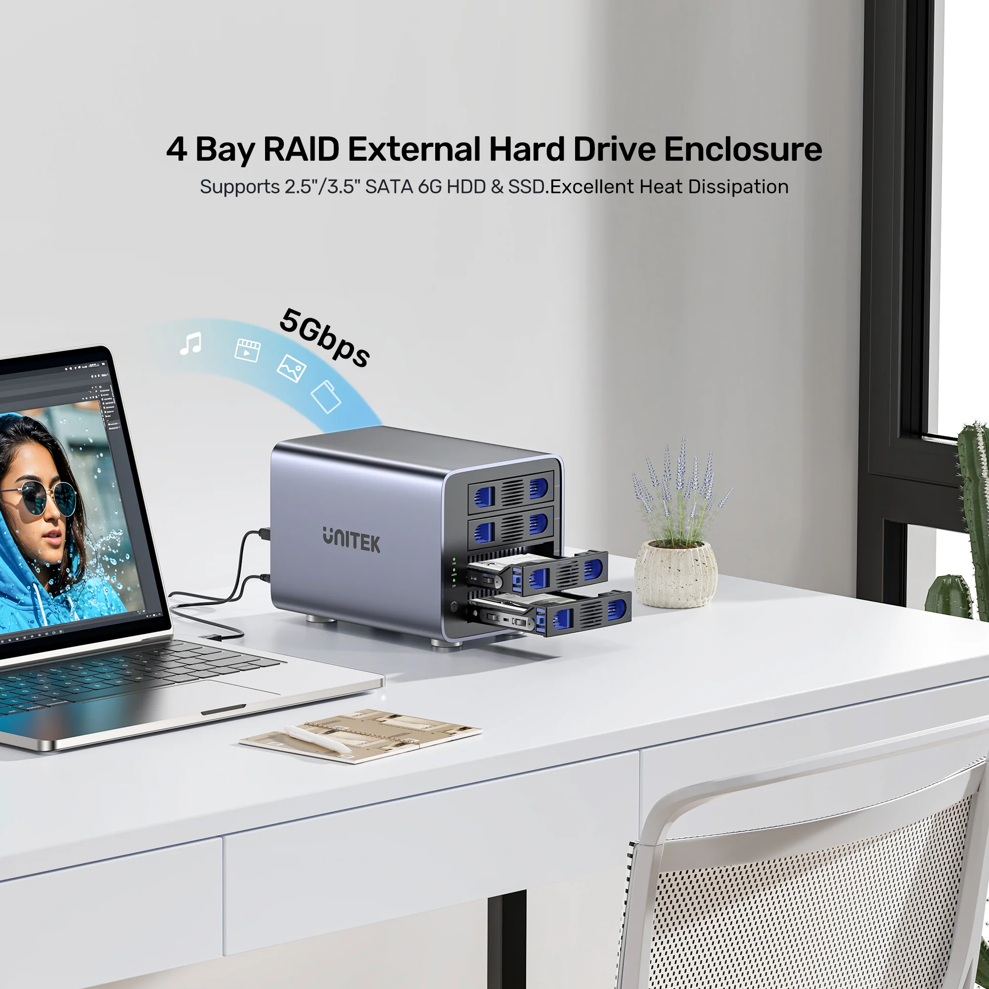 UNITEK 4 Bay RAID External Hard Drive Enclosure, USB 3.0 5Gbps, Supports 8 RAID for 2.5" and 3.5" SATA HDD/SSD, 80TB Max