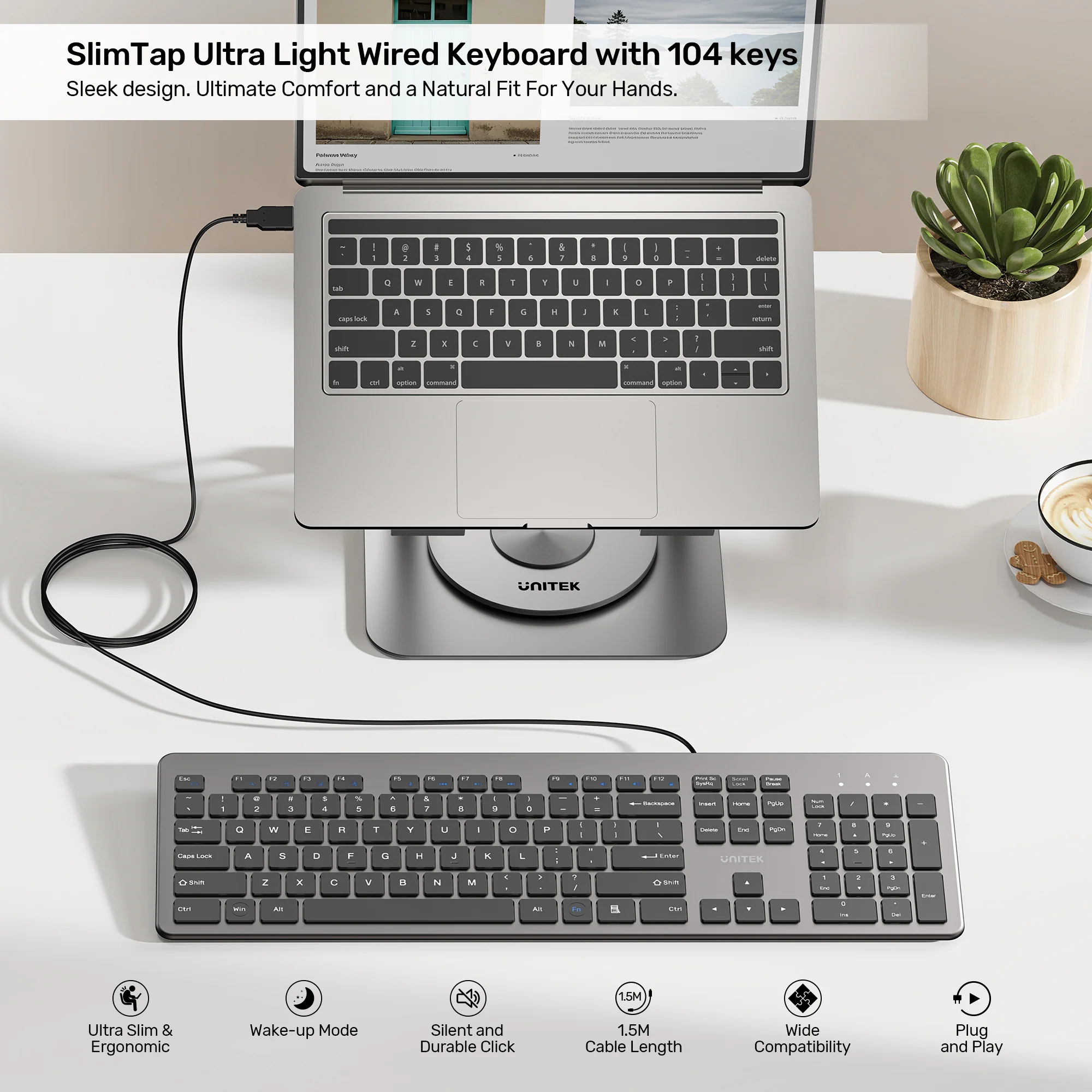 UNITEK SlimTap Ultra Light Wired Keyboard, 104 Keys, Ultra-Slim 18.4mm Profile, Silent Scissor-Switch Keys