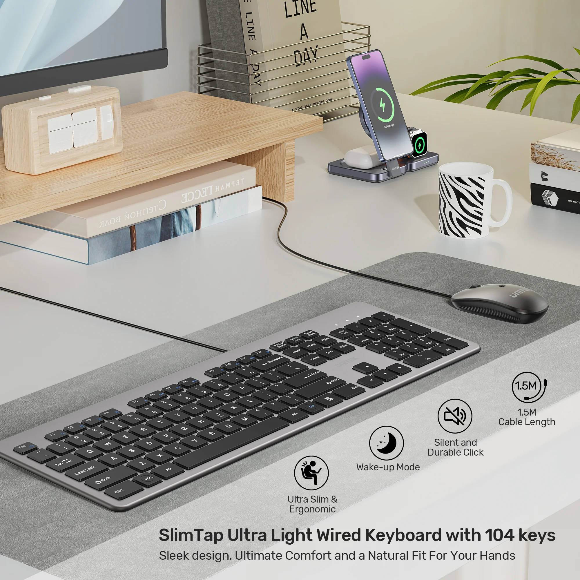 UNITEK SlimTap Ultra Light Wired Keyboard, 104 Keys, Ultra-Slim 18.4mm Profile, Silent Scissor-Switch Keys