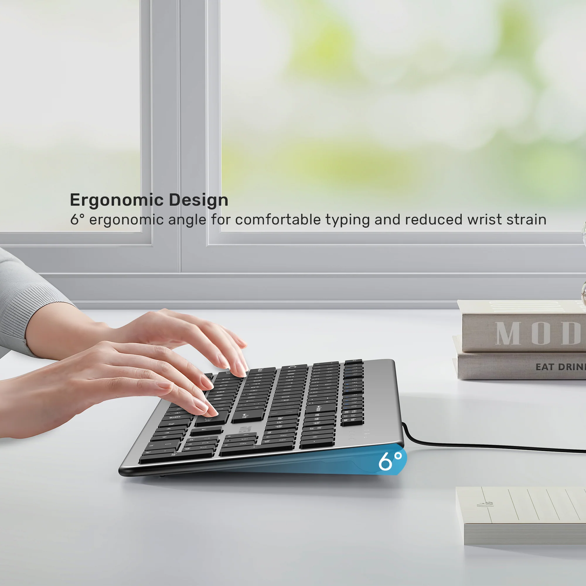 UNITEK SlimTap Ultra Light Wired Keyboard, 104 Keys, Ultra-Slim 18.4mm Profile, Silent Scissor-Switch Keys