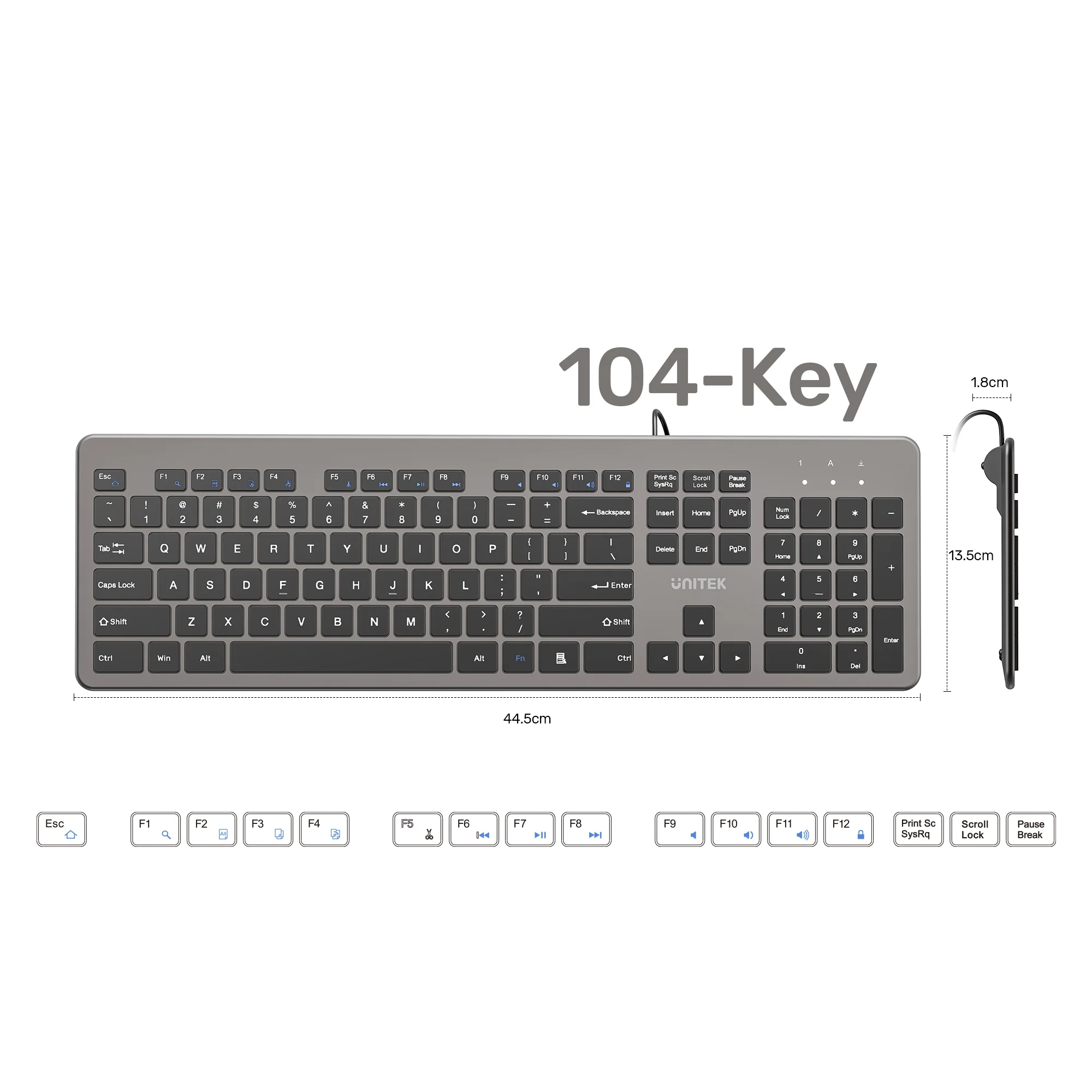 UNITEK SlimTap Ultra Light Wired Keyboard, 104 Keys, Ultra-Slim 18.4mm Profile, Silent Scissor-Switch Keys