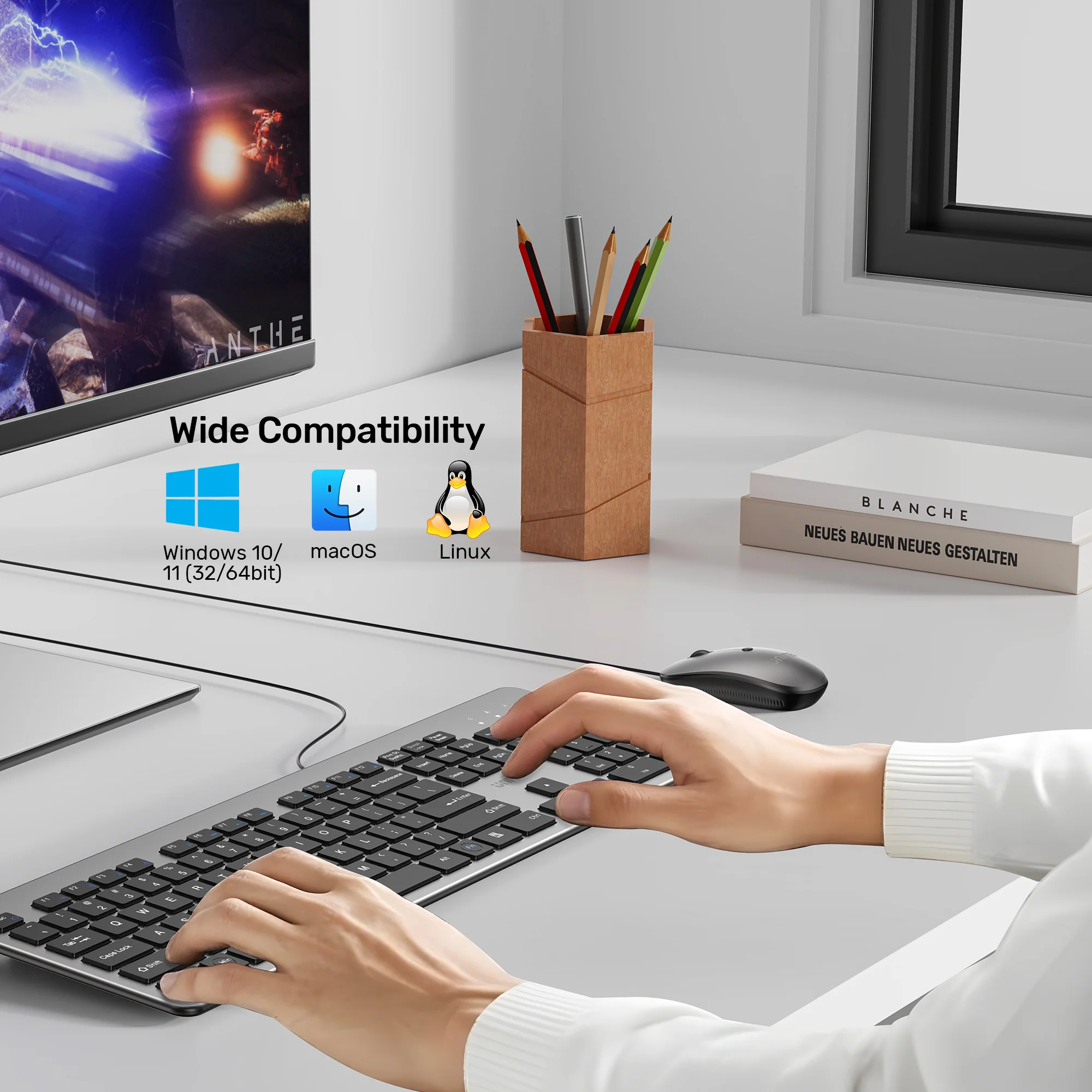 UNITEK SlimTap Ultra Light Wired Keyboard, 104 Keys, Ultra-Slim 18.4mm Profile, Silent Scissor-Switch Keys