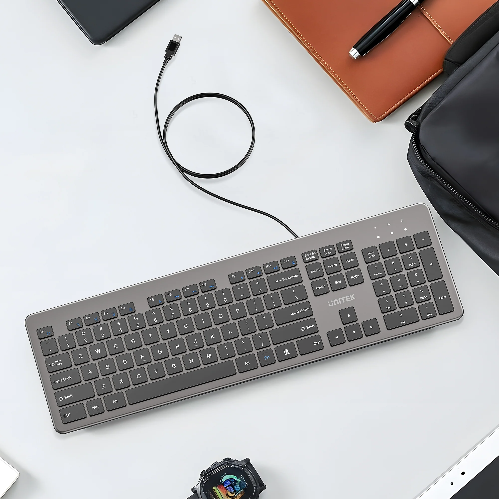 UNITEK SlimTap Ultra Light Wired Keyboard, 104 Keys, Ultra-Slim 18.4mm Profile, Silent Scissor-Switch Keys