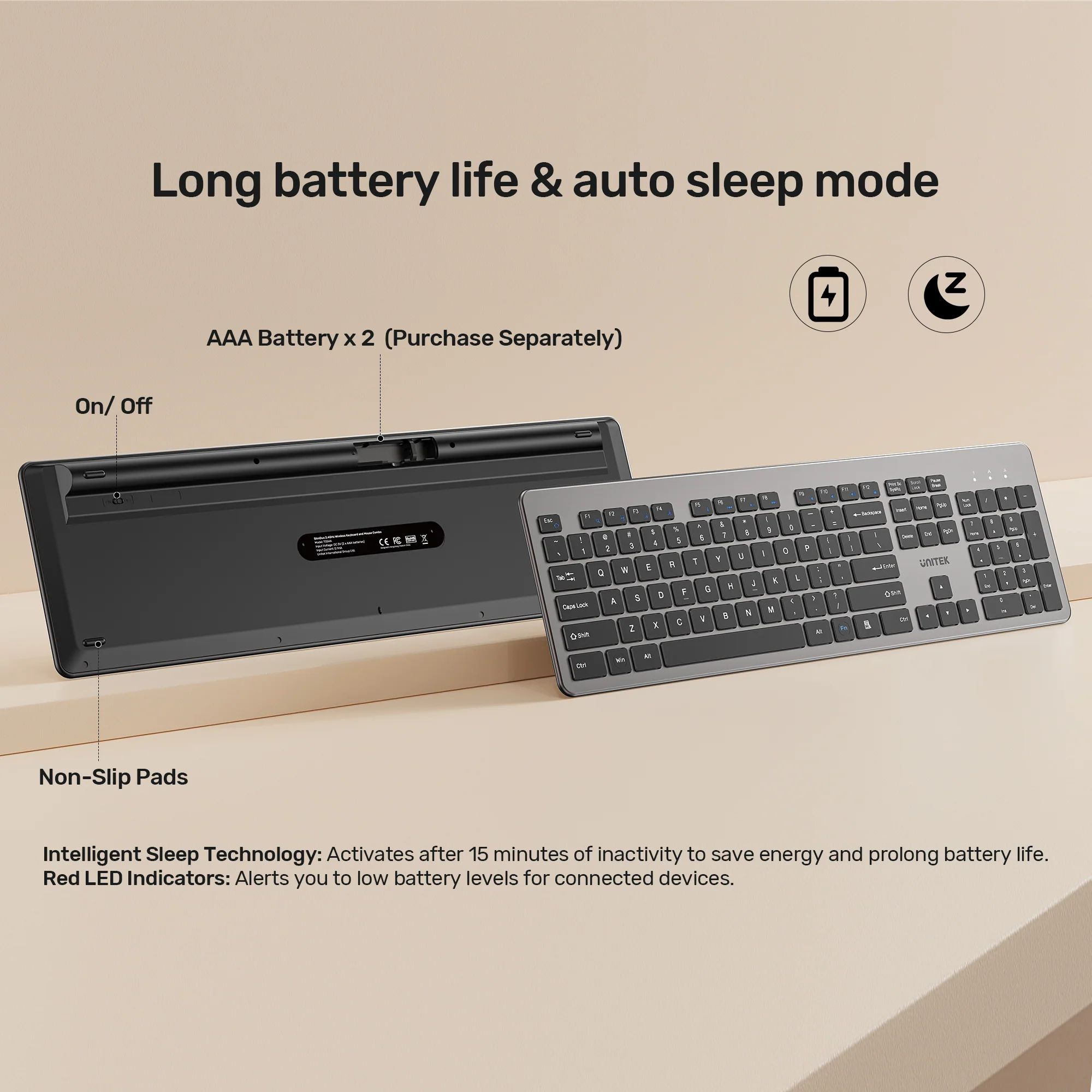 UNITEK SlimDuo 2.4GHz Wireless Keyboard and Mouse Combo, 1600 DPI Optical Mouse with 3 DPI Settings