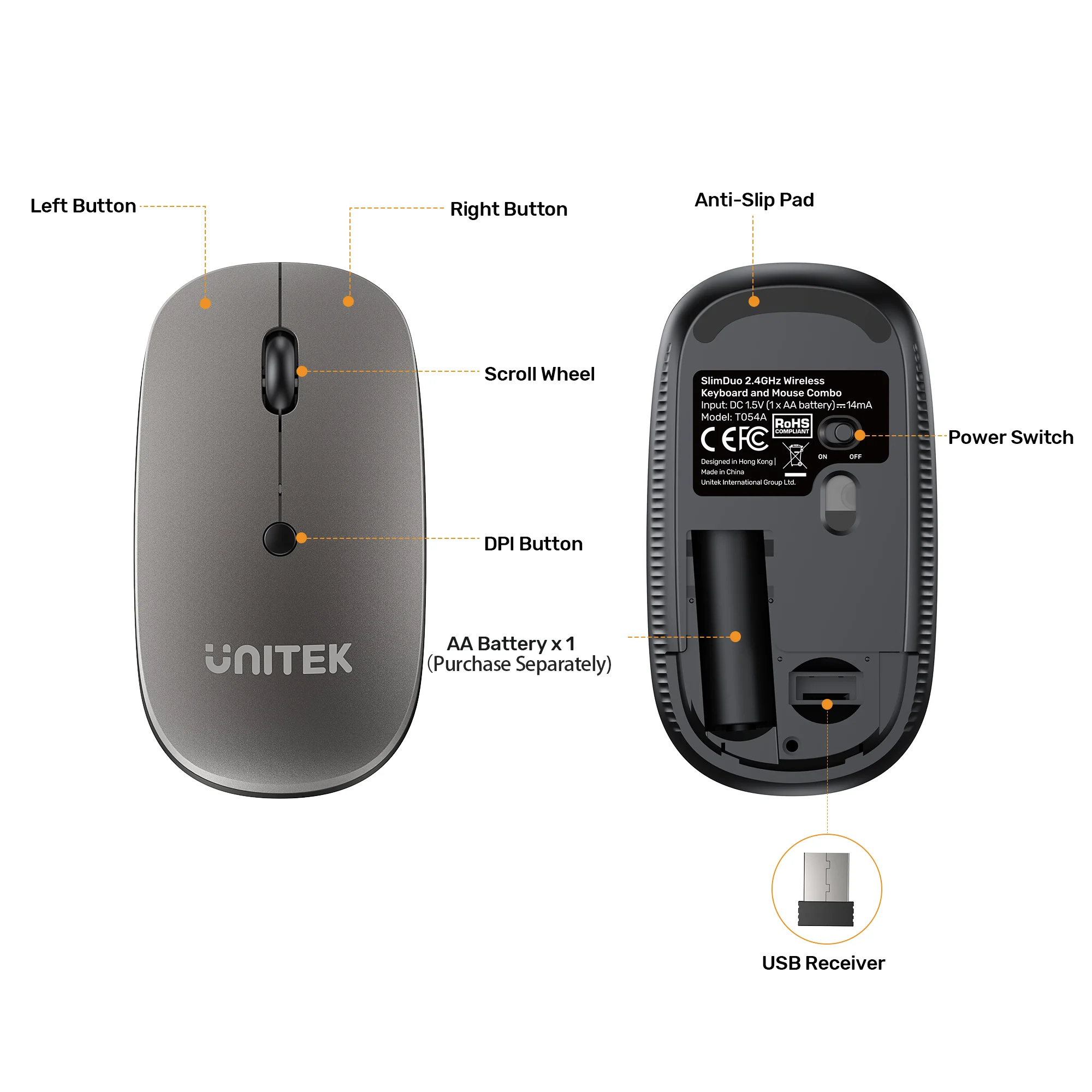 UNITEK SlimDuo 2.4GHz Wireless Keyboard and Mouse Combo, 1600 DPI Optical Mouse with 3 DPI Settings