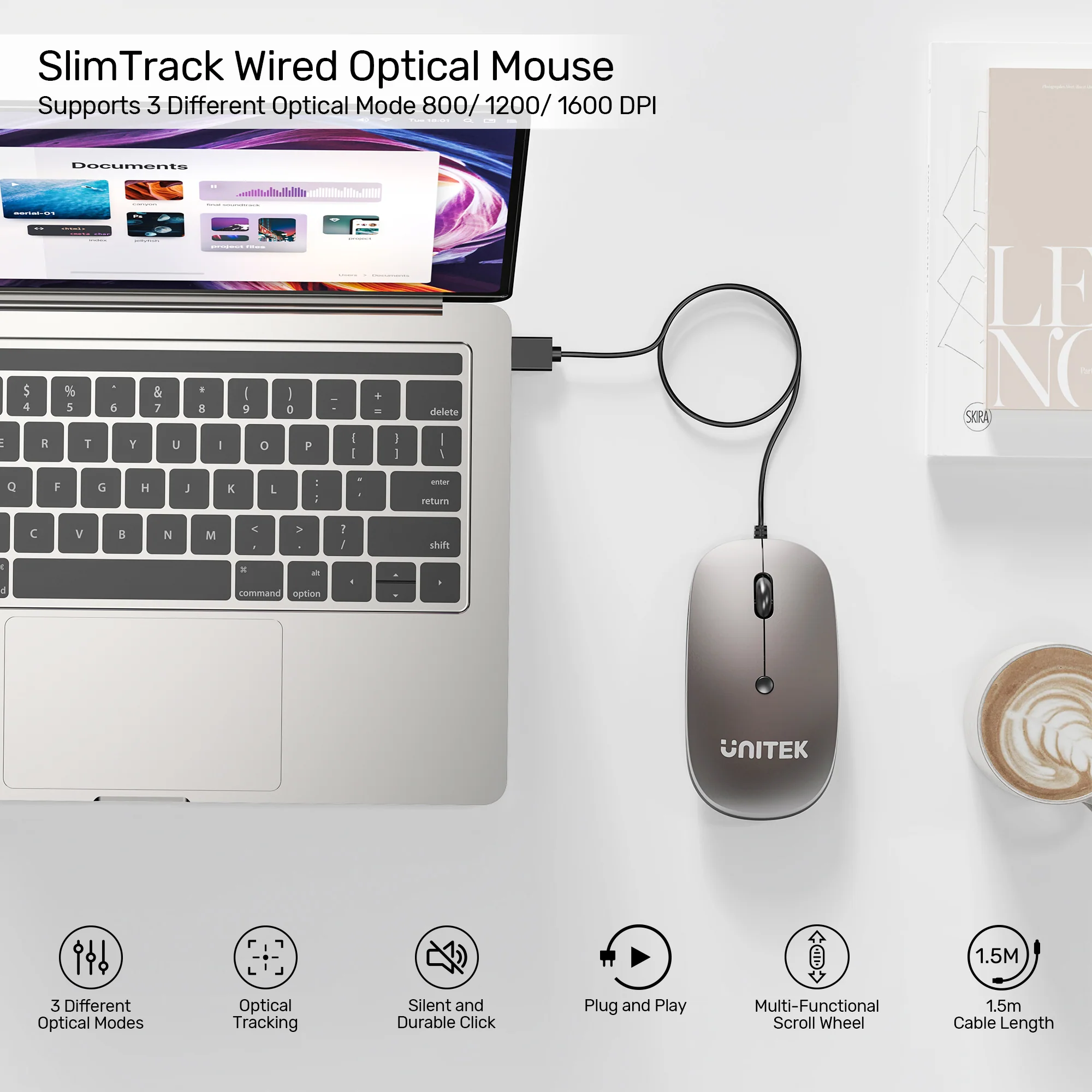 UNITEK SlimTrack Wired Optical Mouse (Gray) 1600 DPI Precision, Slim Ambidextrous Ergonomic Design with Multi-Functional Scroll Wheel