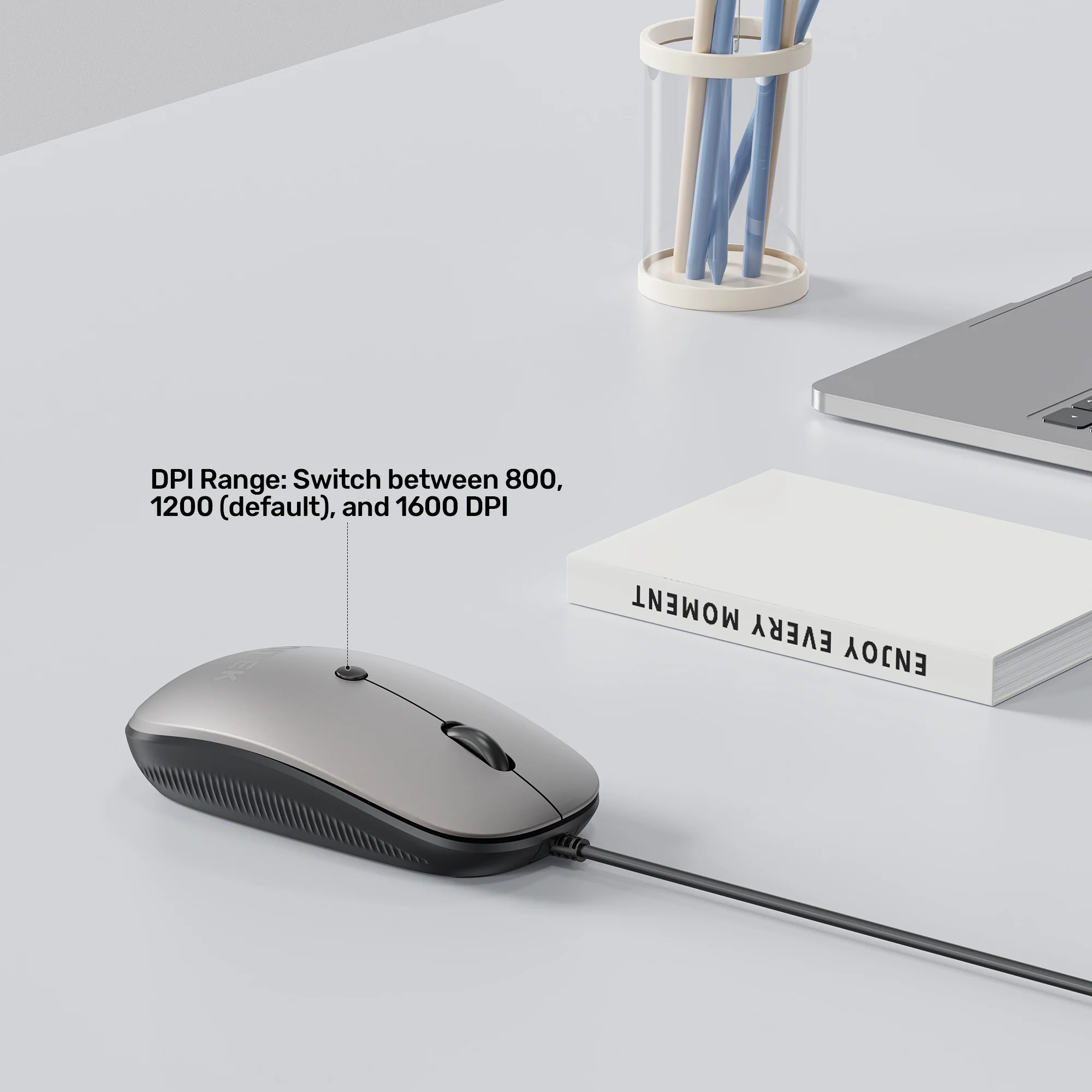 UNITEK SlimTrack Wired Optical Mouse (Gray) 1600 DPI Precision, Slim Ambidextrous Ergonomic Design with Multi-Functional Scroll Wheel