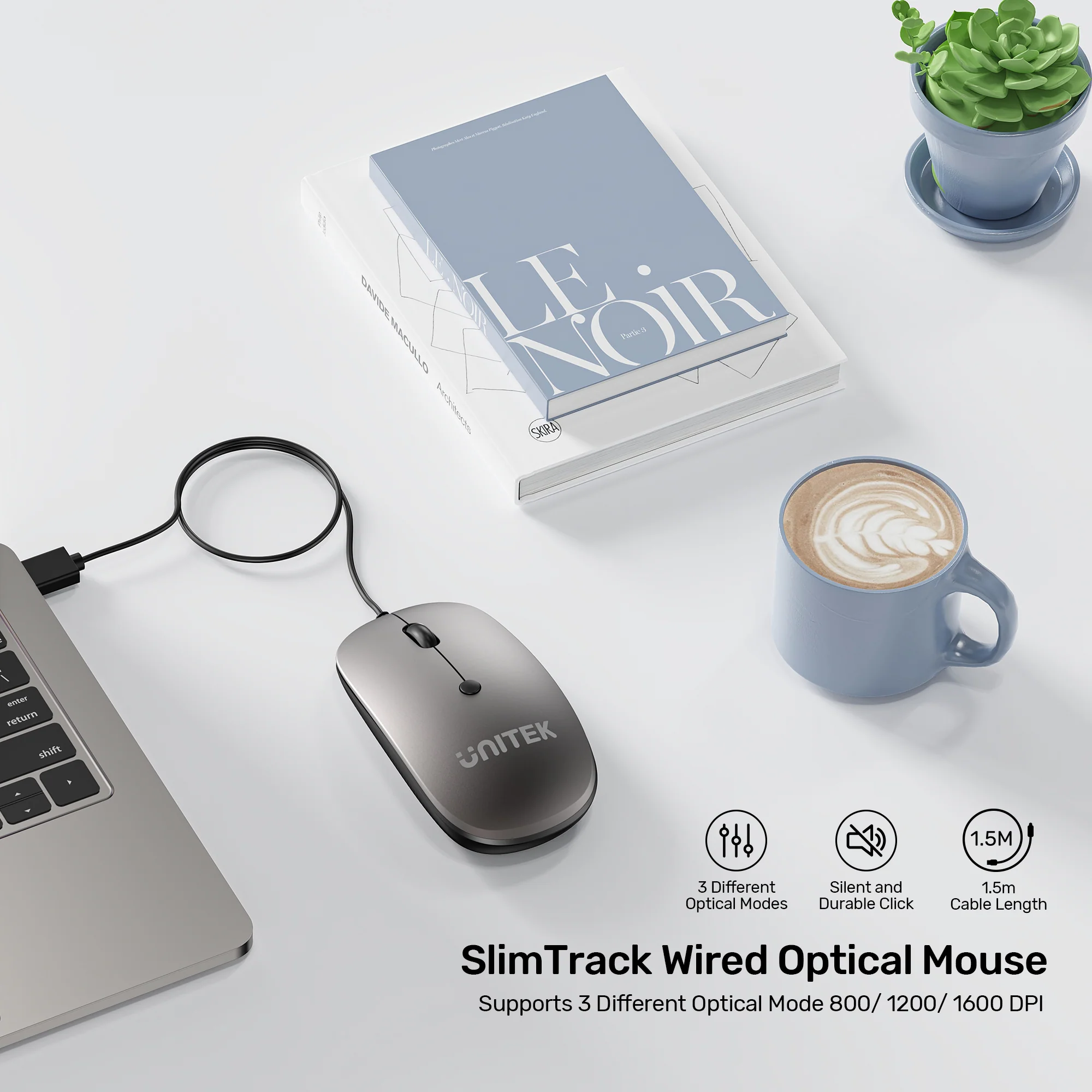 UNITEK SlimTrack Wired Optical Mouse (Gray) 1600 DPI Precision, Slim Ambidextrous Ergonomic Design with Multi-Functional Scroll Wheel