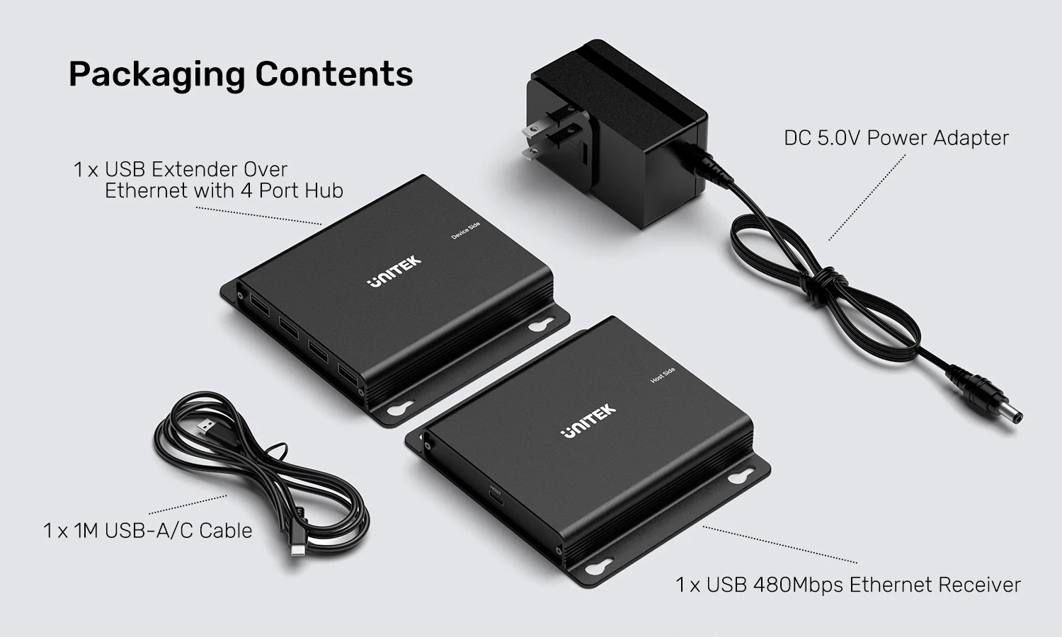 UNITEK 150M USB Extender Over Ethernet with 4-Port Hub, POC Over Cat6 Up to 150 Meters, 480Mbps High-Speed Data Transfer UNITEK 150M USB Extender Over Ethernet with 4-Port Hub, POC Over Cat6 Up to 150 Meters, 480Mbps High-Speed Data Transfer