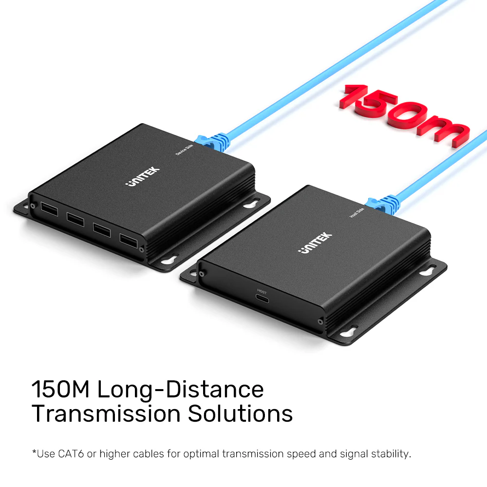 UNITEK 150M USB Extender Over Ethernet with 4-Port Hub, POC Over Cat6 Up to 150 Meters, 480Mbps High-Speed Data Transfer
