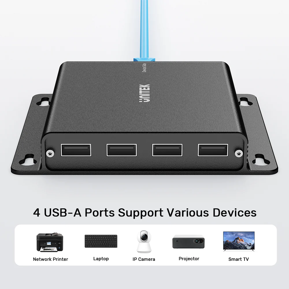 UNITEK 150M USB Extender Over Ethernet with 4-Port Hub, POC Over Cat6 Up to 150 Meters, 480Mbps High-Speed Data Transfer