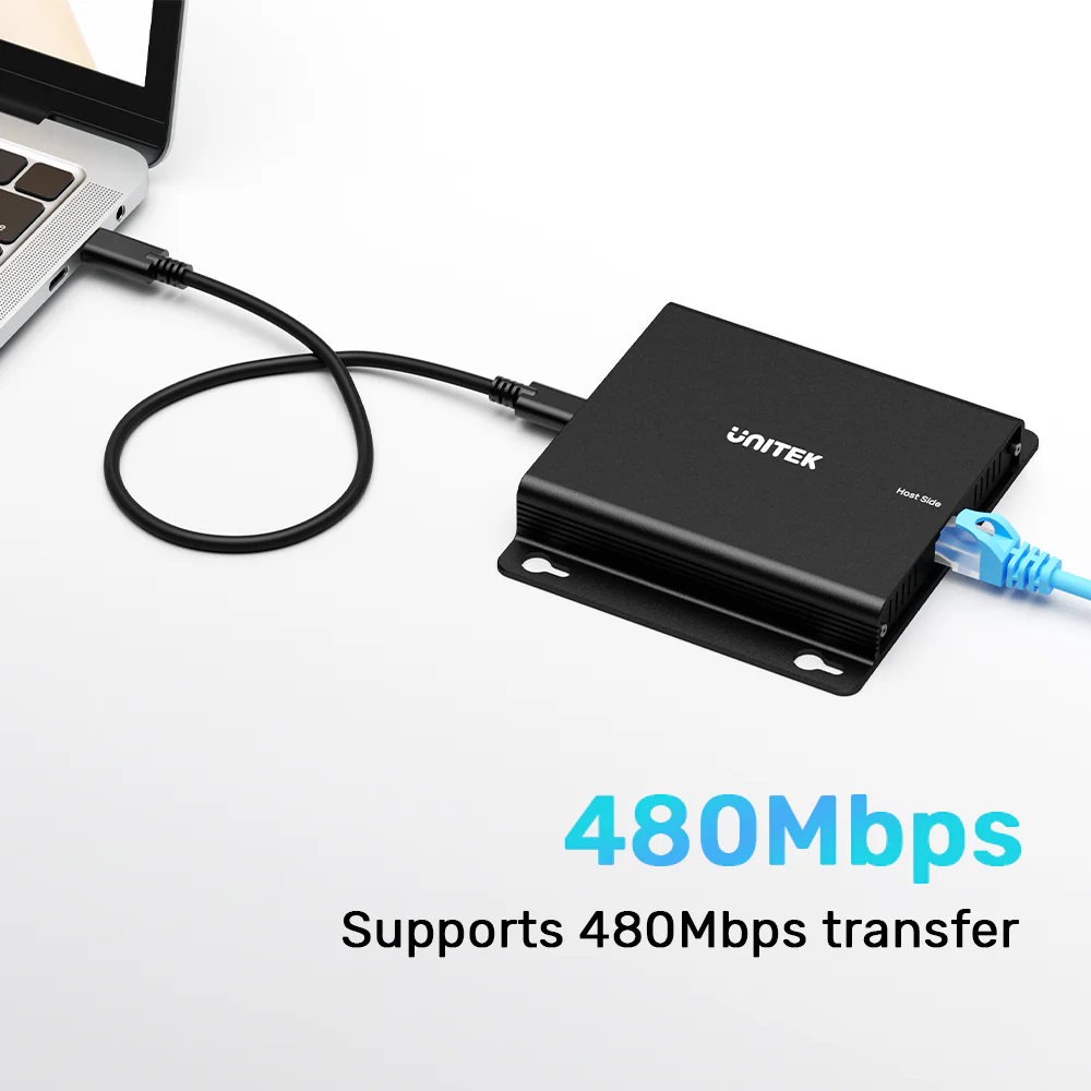 UNITEK 150M USB Extender Over Ethernet with 4-Port Hub, POC Over Cat6 Up to 150 Meters, 480Mbps High-Speed Data Transfer