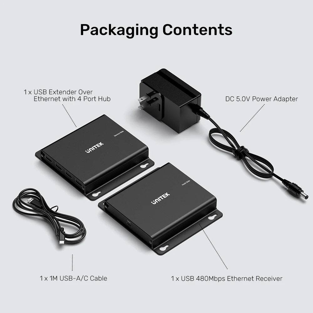 UNITEK 150M USB Extender Over Ethernet with 4-Port Hub, POC Over Cat6 Up to 150 Meters, 480Mbps High-Speed Data Transfer