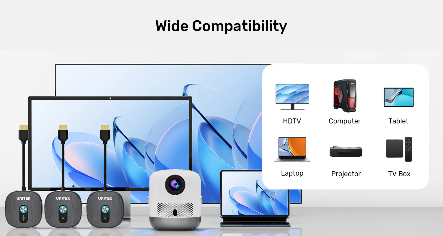 UNITEK Wireless 1080p HDMI Transmitter with Dual Receivers, 50m Range, Plug-and-Play, 2x 1080p@60Hz Output UNITEK Wireless 1080p HDMI Transmitter with Dual Receivers, 50m Range, Plug-and-Play, 2x 1080p@60Hz Output