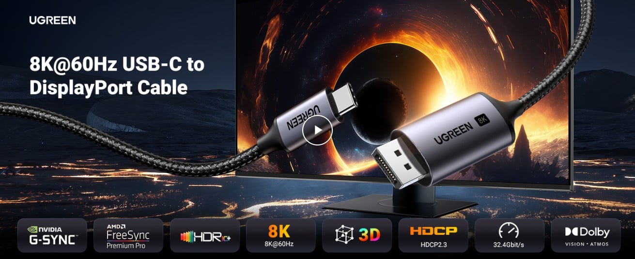UGREEN 25839 USB C to DisplayPort 1.4 Cable 8K@60Hz 4K@240Hz Unidirectional Thunderbolt 4/3 to DisplayPort Cord, 32.4Gbps HDR DSC MST UGREEN 25839 USB C to DisplayPort 1.4 Cable 8K@60Hz 4K@240Hz Unidirectional Thunderbolt 4/3 to DisplayPort Cord, 32.4Gbps HDR DSC MST