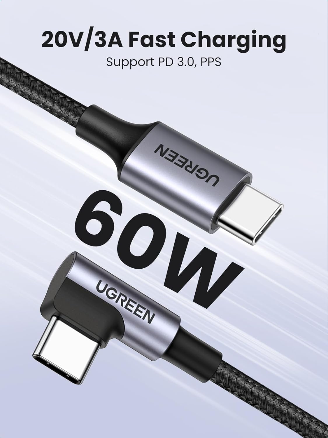 UGREEN 50125 Right Angle 90 Degree 60W USB C Cable (2 Meter) for iPhone 17/16/15, MacBook Pro/Air, iPad Pro/Air/Mini, Samsung Galaxy S26/S25/S24