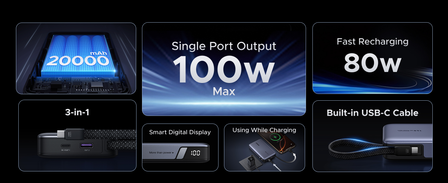 UGREEN 55992 Nexode 145W Power Bank 20000mAh Built-in USB-C Cable for MacBook Pro/Air, iPad, iPhone 17/16, Samsung Galaxy S26/S25