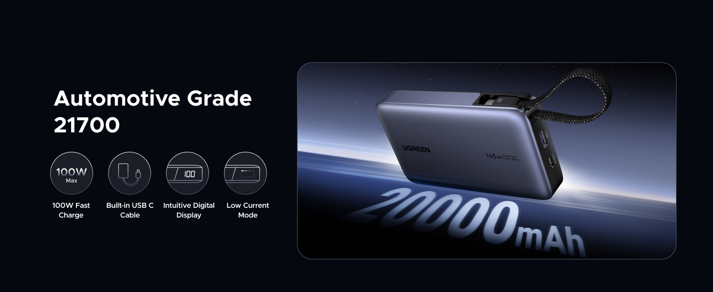 UGREEN 55992 Nexode 145W Power Bank 20000mAh Built-in USB-C Cable for MacBook Pro/Air, iPad, iPhone 17/16, Samsung Galaxy S26/S25