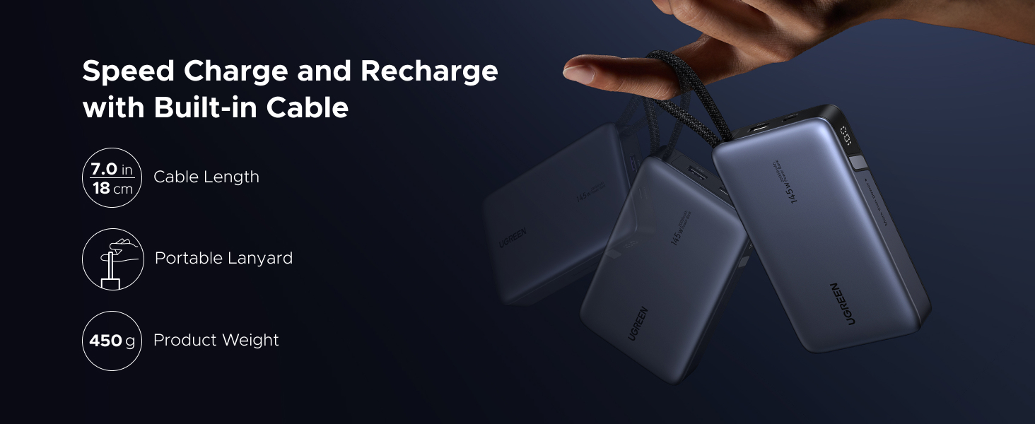 UGREEN 55992 Nexode 145W Power Bank 20000mAh Built-in USB-C Cable for MacBook Pro/Air, iPad, iPhone 17/16, Samsung Galaxy S26/S25