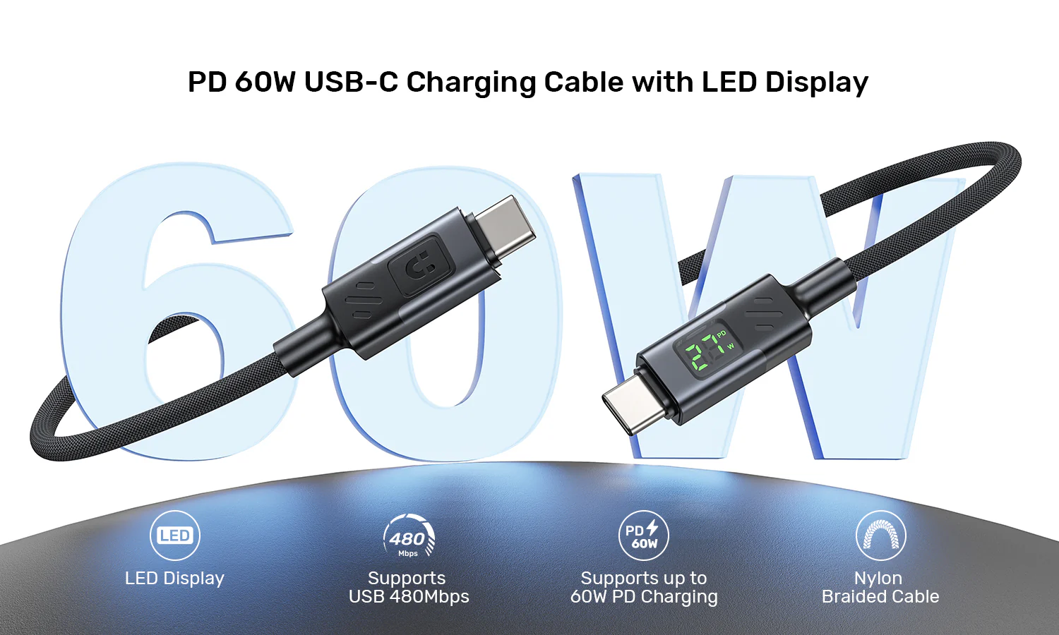 UNITEK PD 60W USB-C Charging Cable with Smart LED Display (1 Meter) Nylon Braided, E-Marker Chip, for iPhone 17/16/15 UNITEK PD 60W USB-C Charging Cable with Smart LED Display (1 Meter) Nylon Braided, E-Marker Chip, for iPhone 17/16/15
