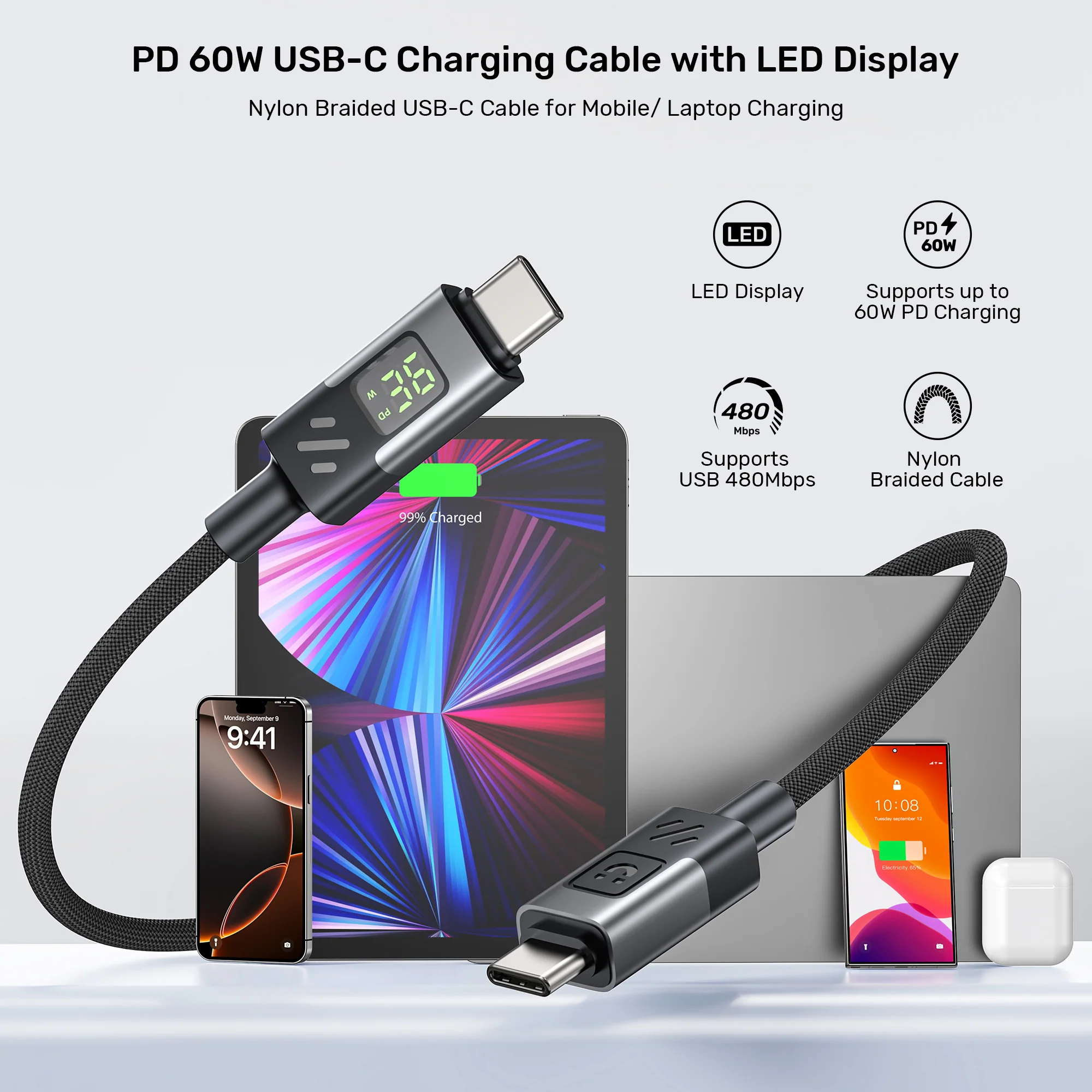 UNITEK PD 60W USB-C Charging Cable with Smart LED Display (1 Meter) Nylon Braided, E-Marker Chip, for iPhone 17/16/15